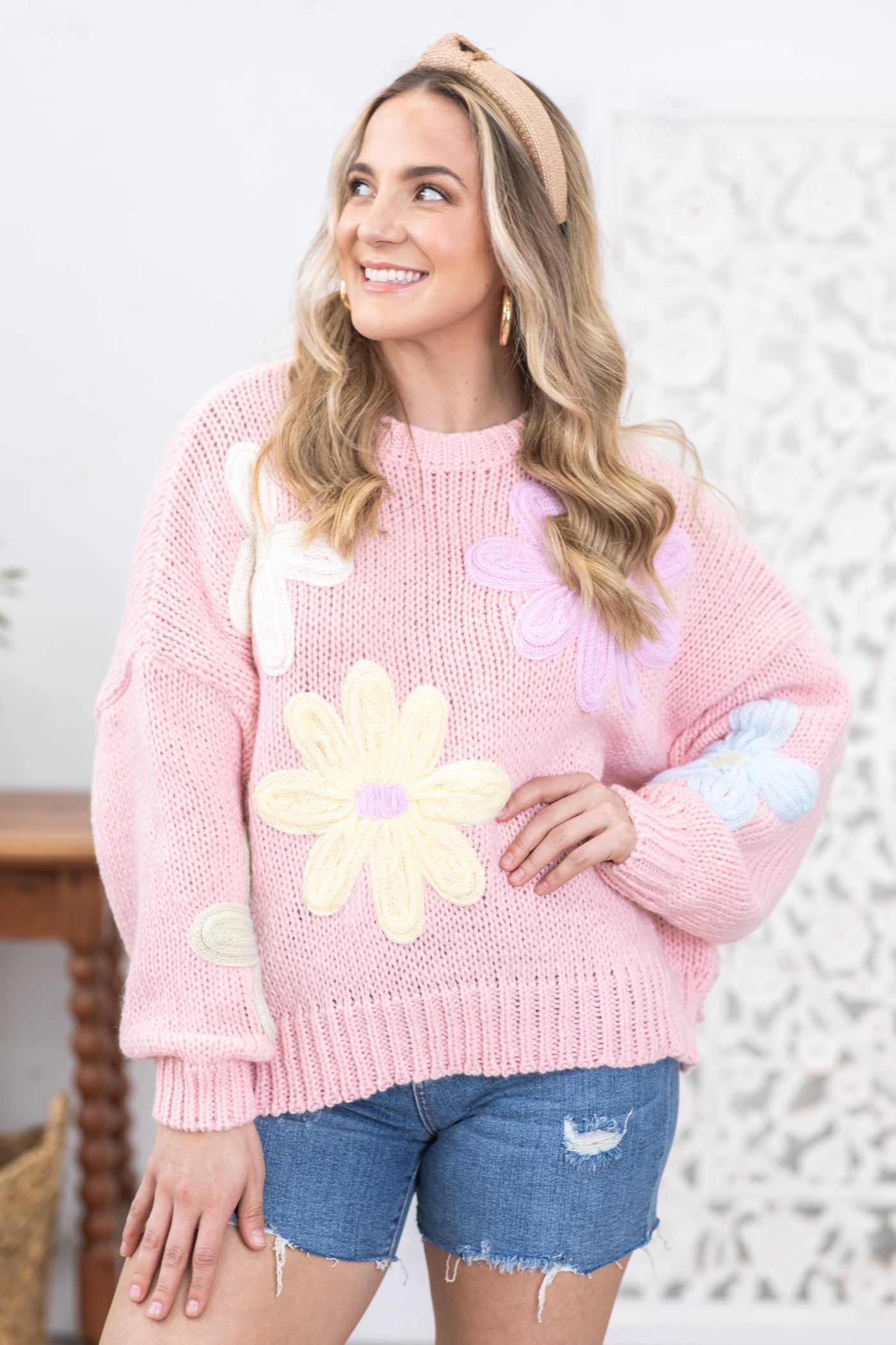Baby Pink Floral Applique Sweater