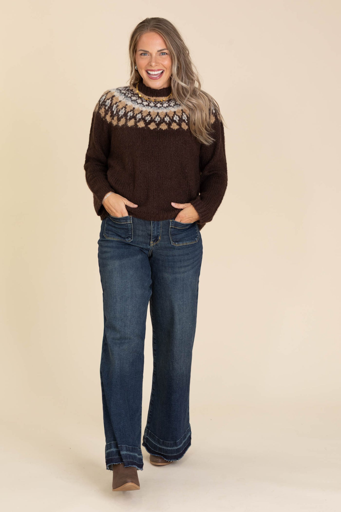 Brown Fair Isle Pattern Long Sleeve Sweater
