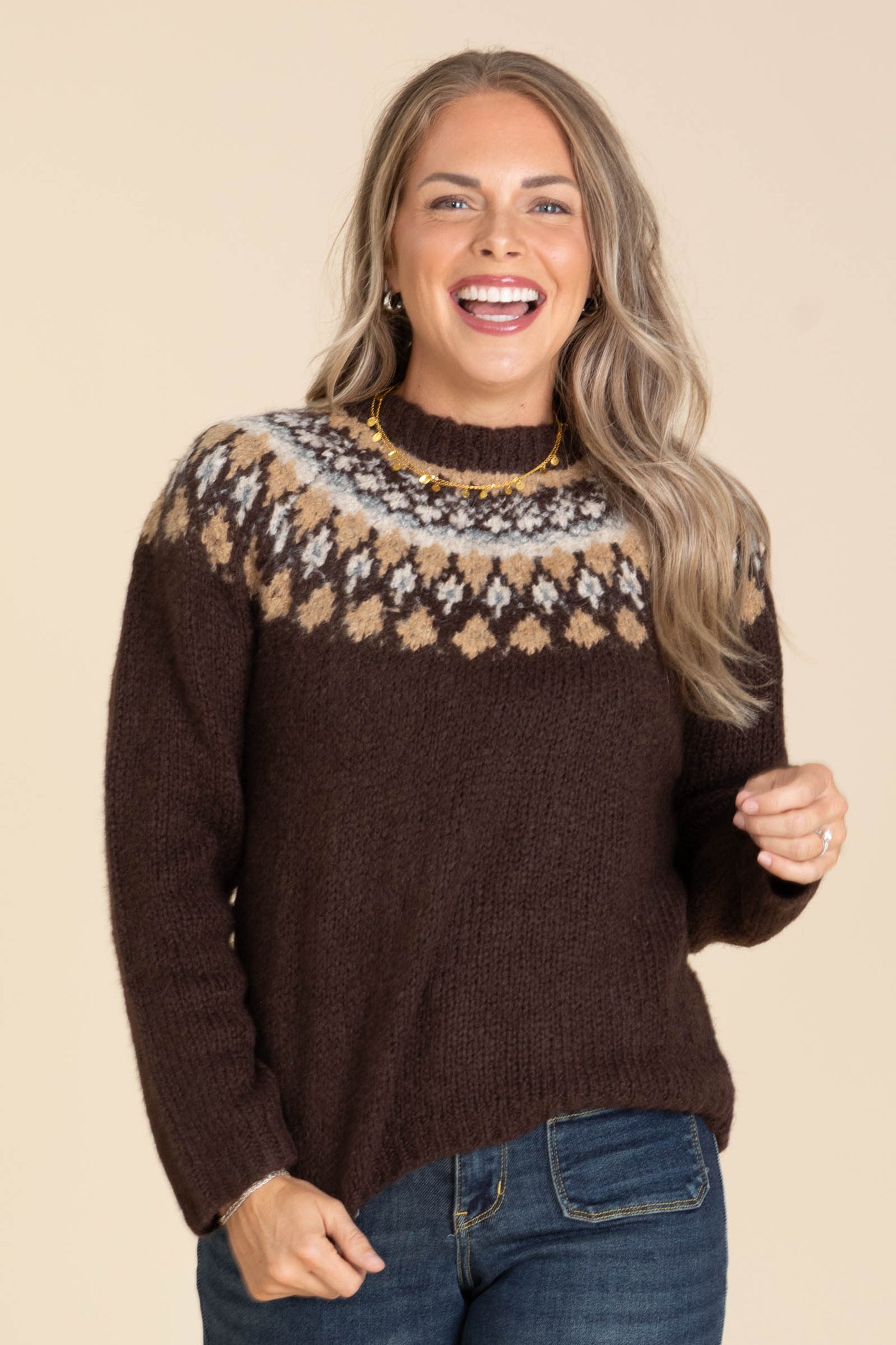 Brown Fair Isle Pattern Long Sleeve Sweater