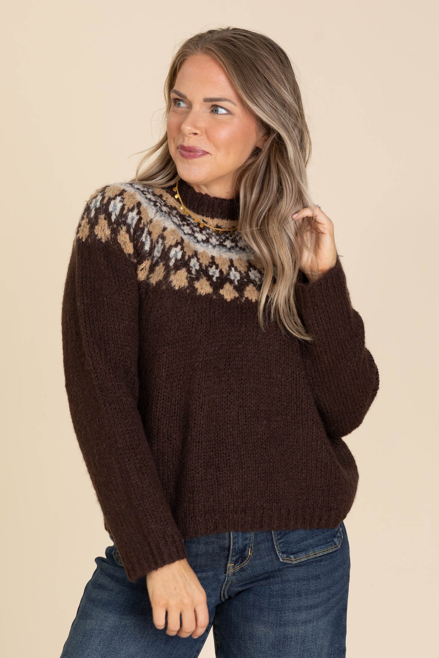 Brown Fair Isle Pattern Long Sleeve Sweater