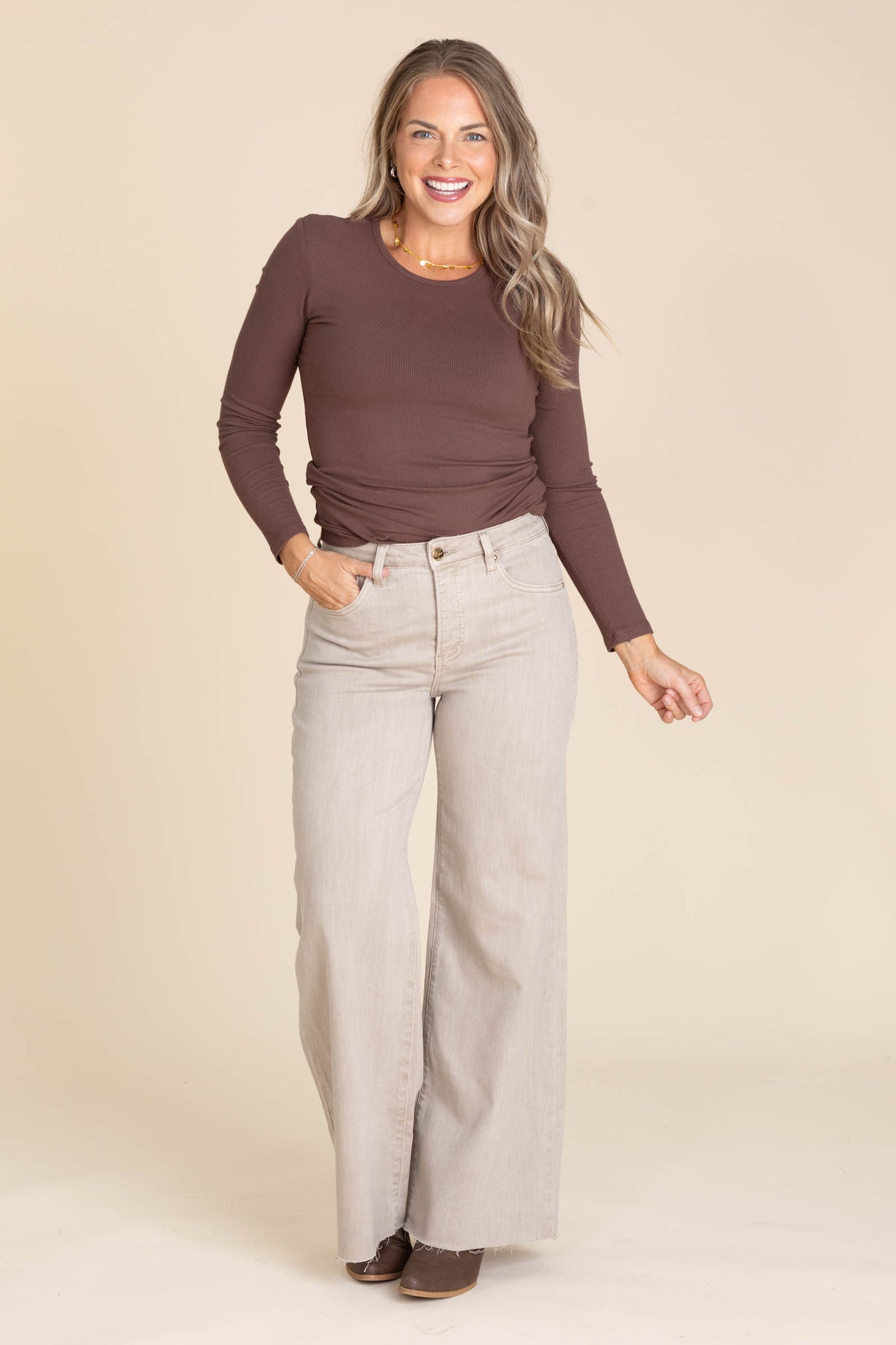 Risen Taupe Tummy Control Wide Leg Pants With Shimmer