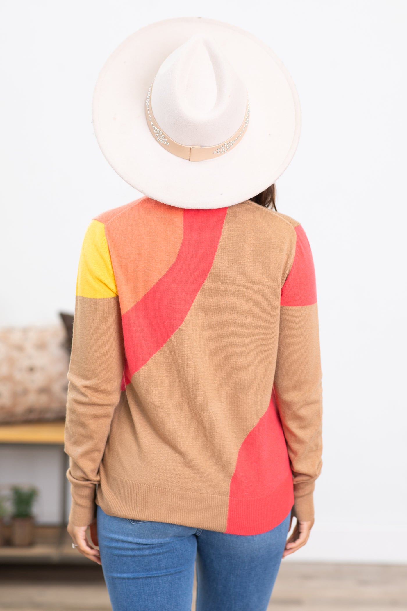 Taupe and Coral Abstract Colorblock Sweater