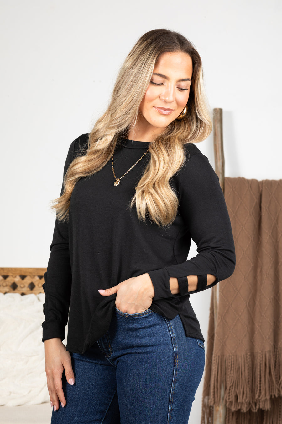 Black Long Sleeve With Arm Cutouts Knit Top