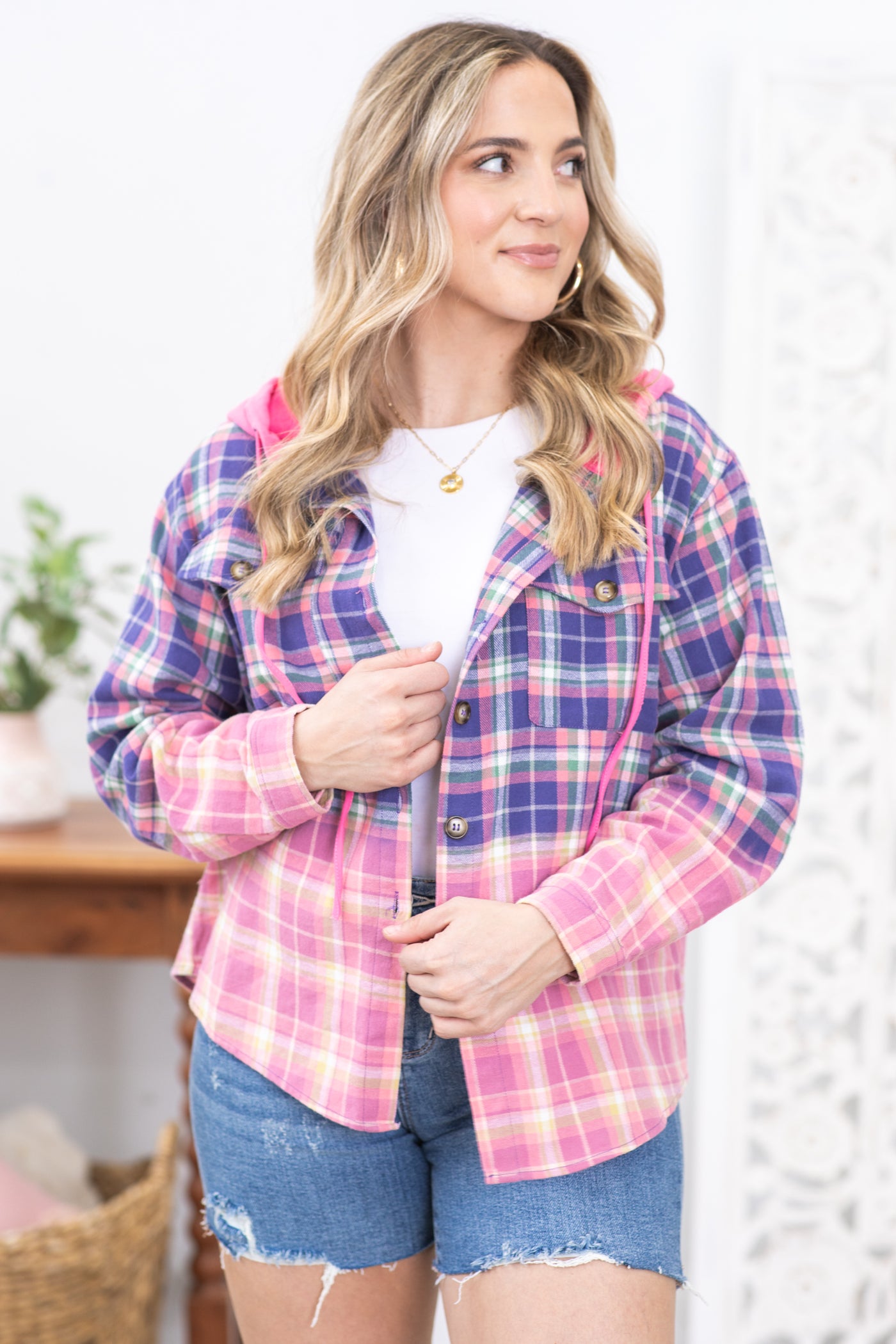 Navy and Pink Plaid Hooded Button Up Top