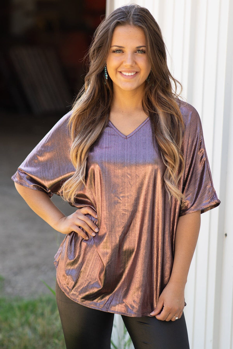 Mauve Metallic V-Neck Top - Filly Flair