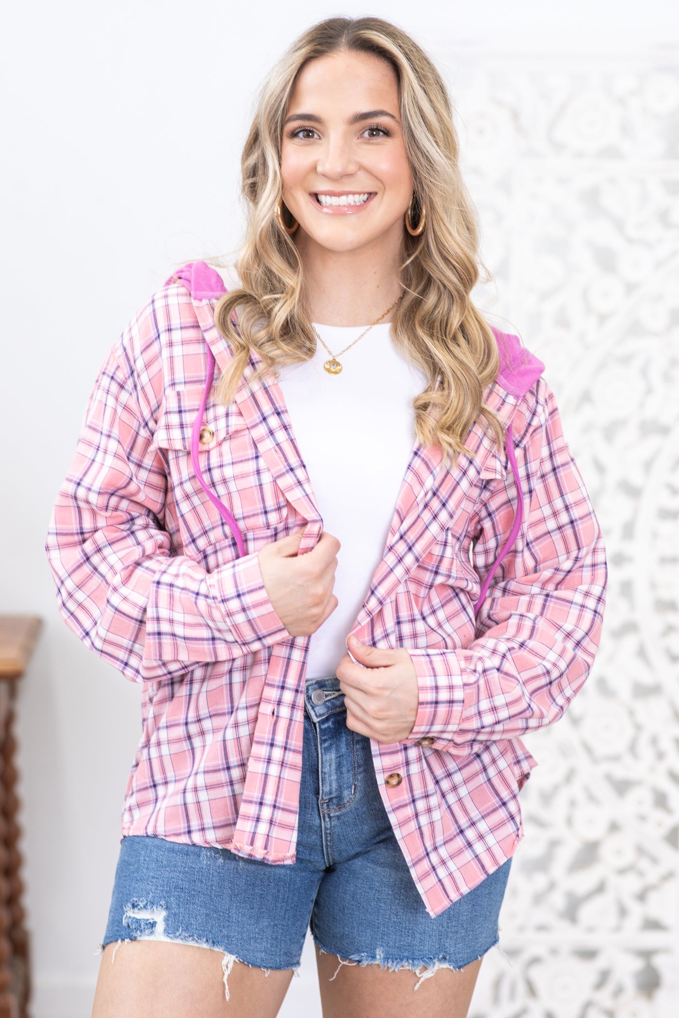 Pink and Orchid Plaid Hooded Button Up Top