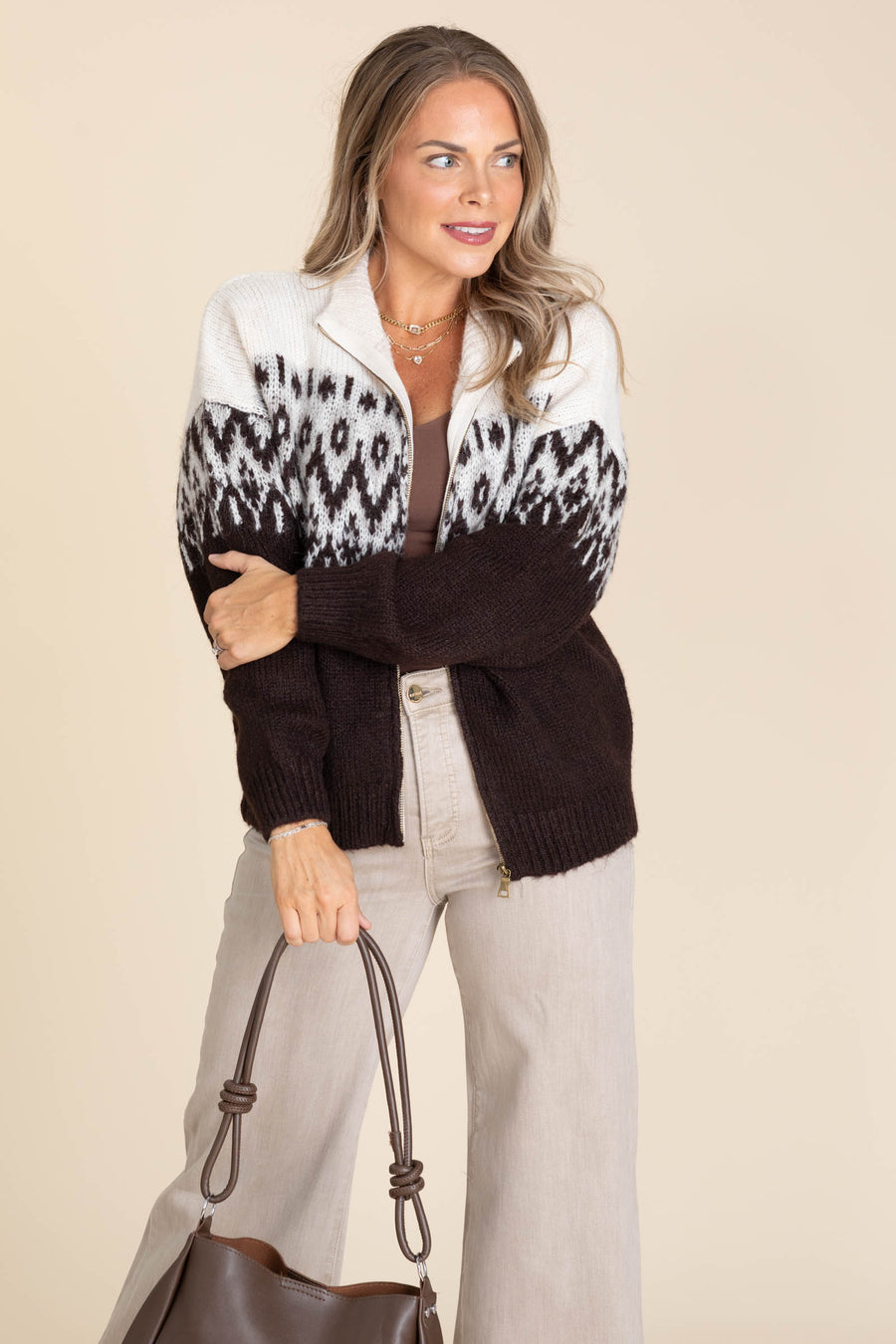 Brown Fair Isle Zip Knit Sweater Jacket