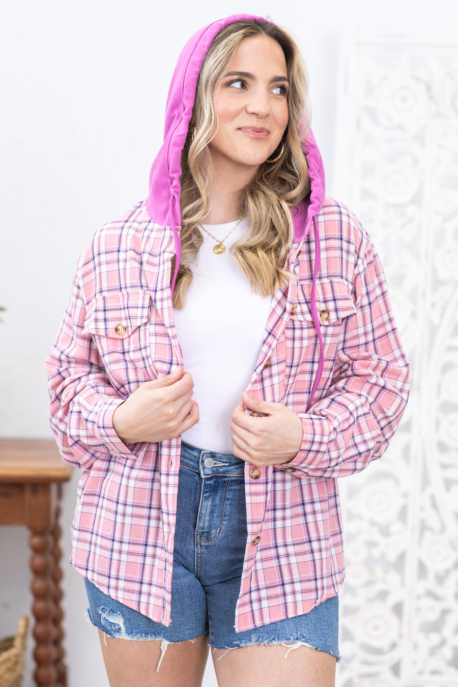 Pink and Orchid Plaid Hooded Button Up Top