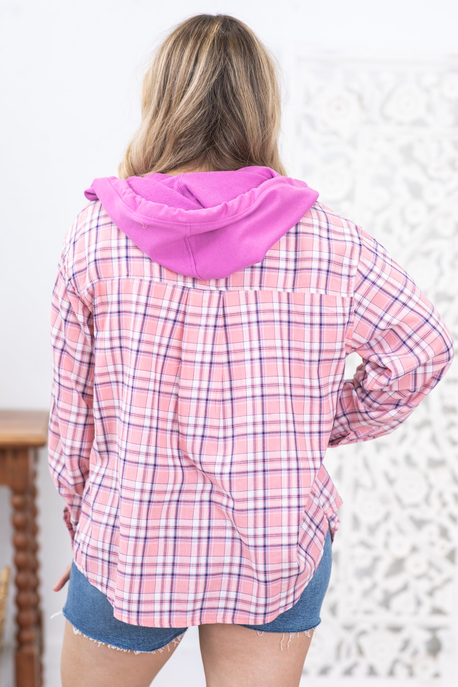 Pink and Orchid Plaid Hooded Button Up Top