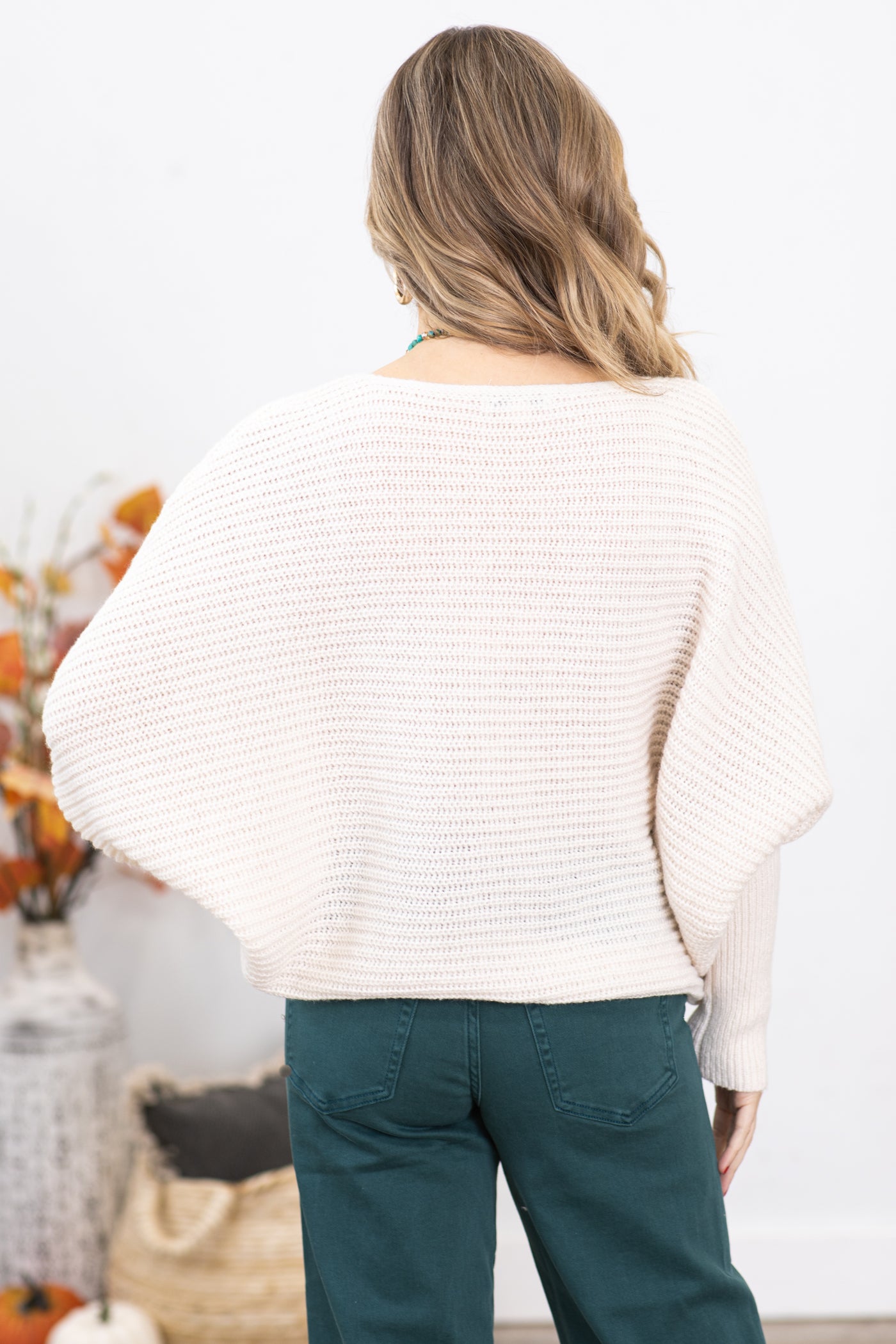 Ivory Ribbed Slouchy Dolman Sleeve Sweater