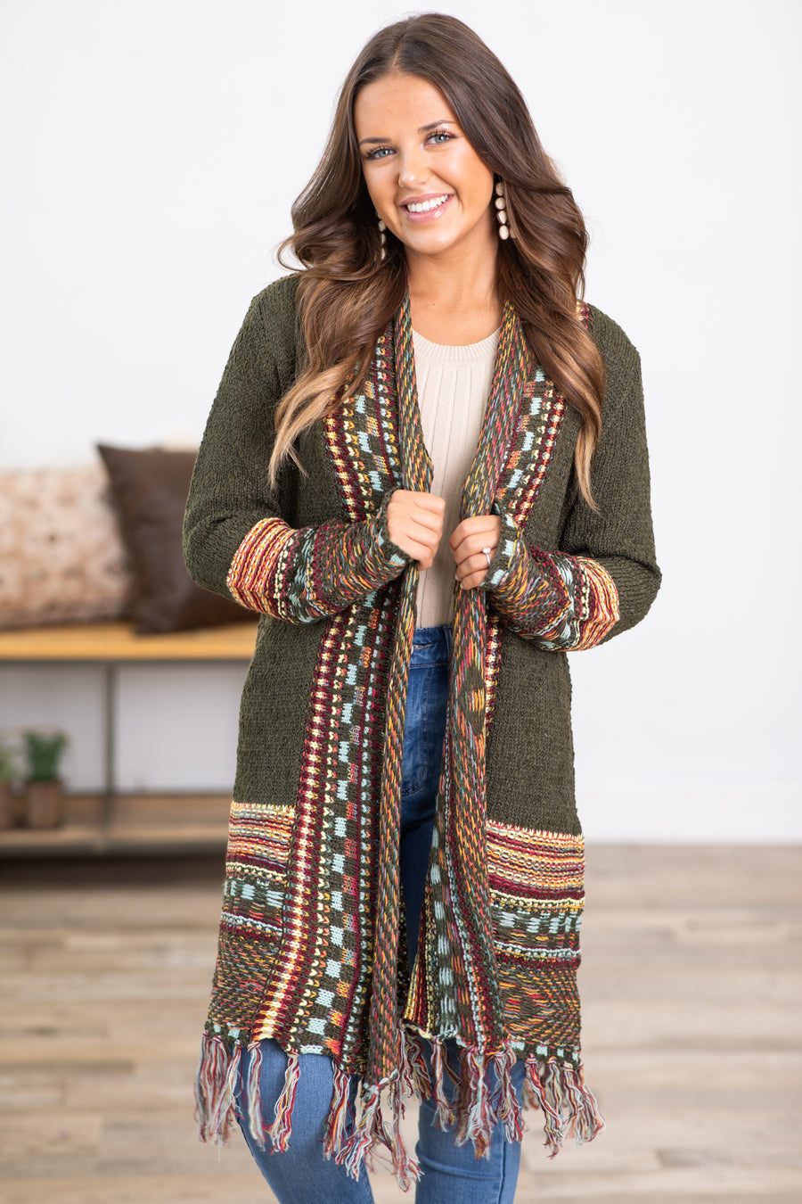 Olive Multicolor Aztec Fringe Trim Cardigan