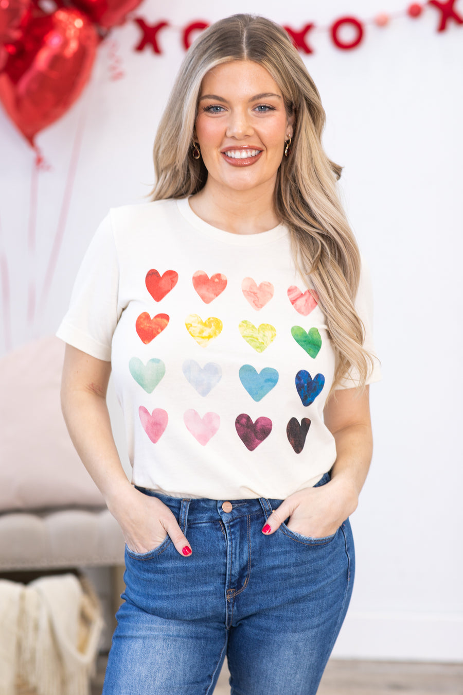 Cream Rainbow Heart Grid Graphic Top
