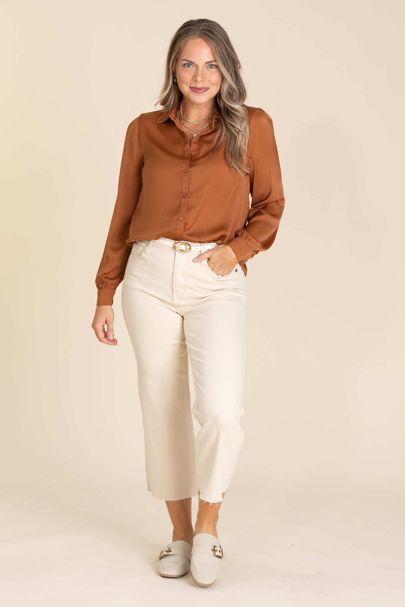 Cinnamon Soft Satin Button Front Woven Top
