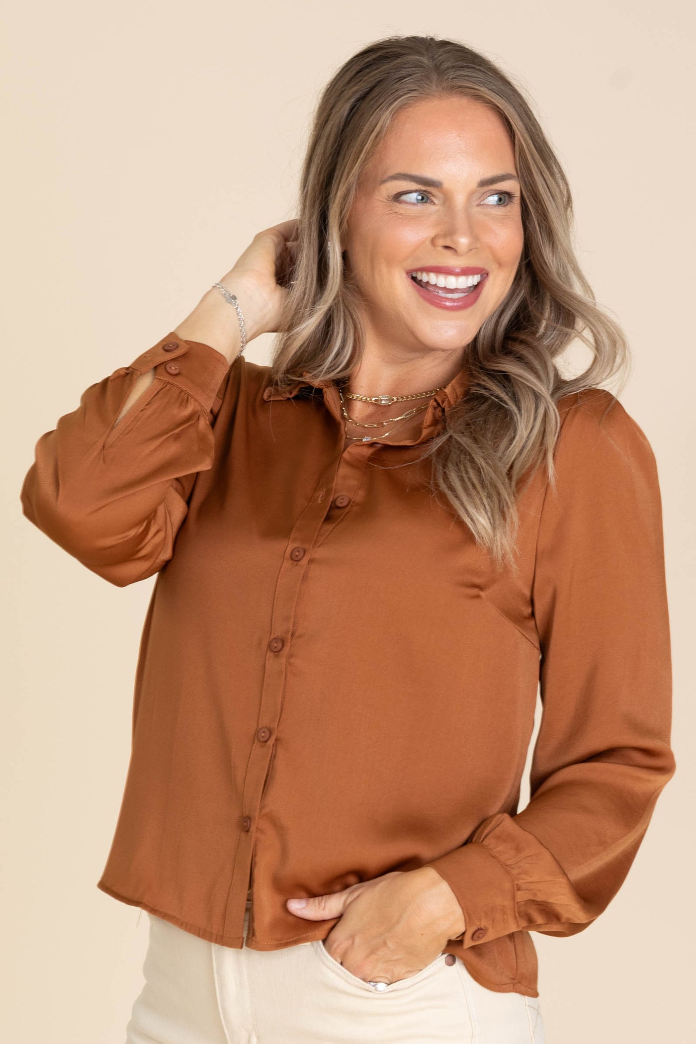 Cinnamon Soft Satin Button Front Woven Top
