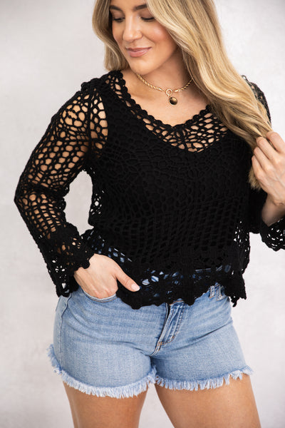 Black V-Neck Crochet Knit Top · Filly Flair