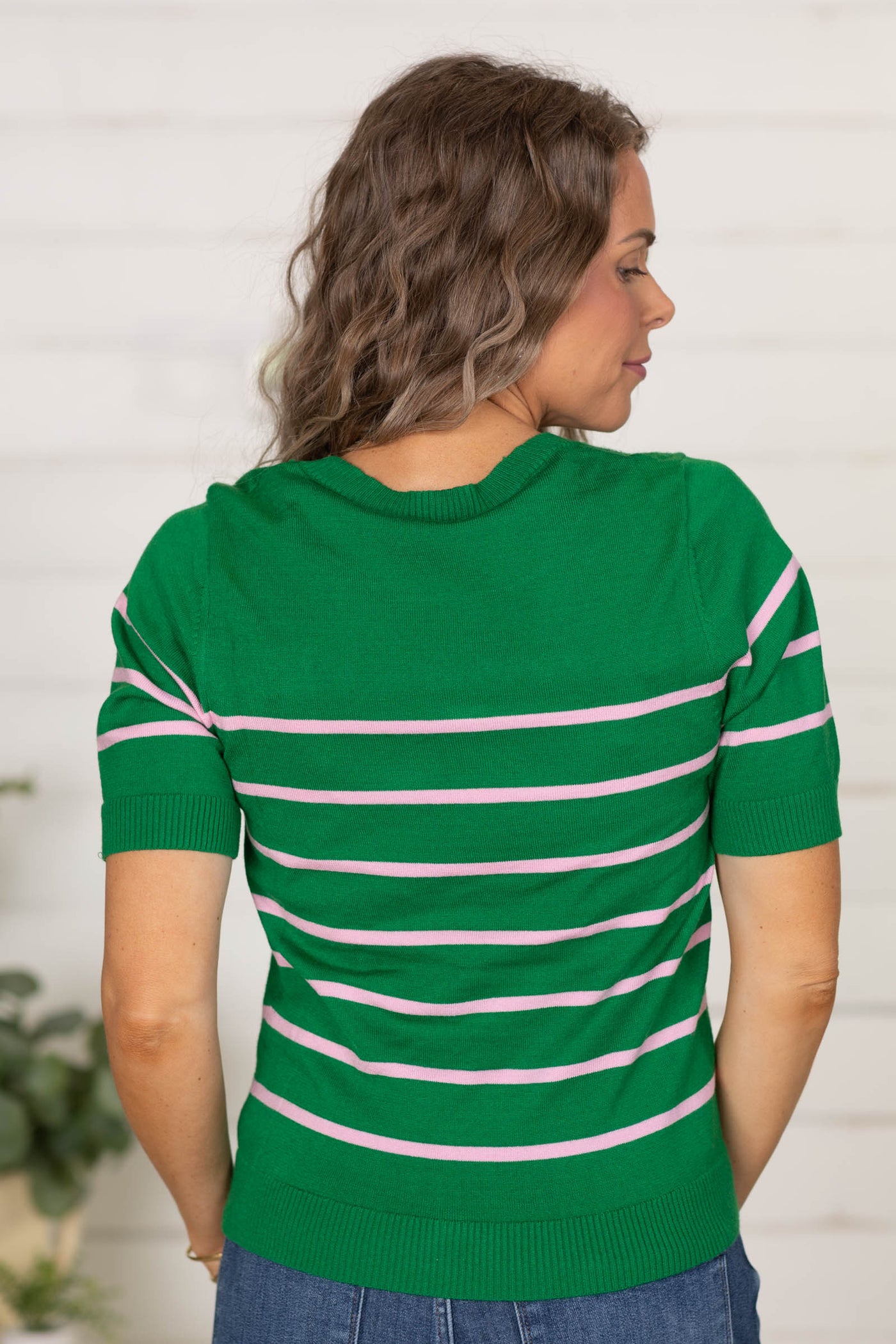 Green Soft Fine Gauge Preppy Striped Knit Top