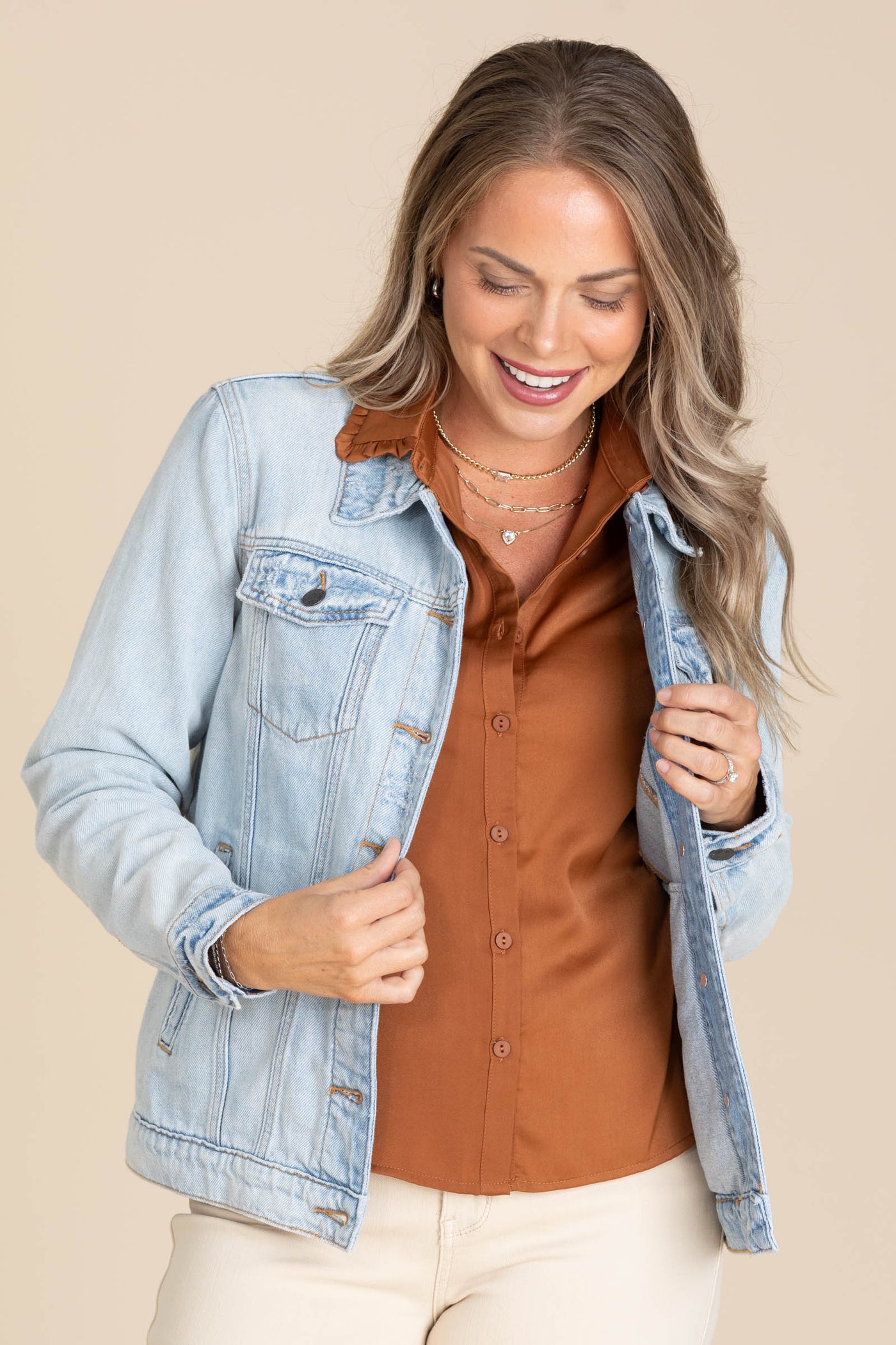 Cinnamon Soft Satin Button Front Woven Top