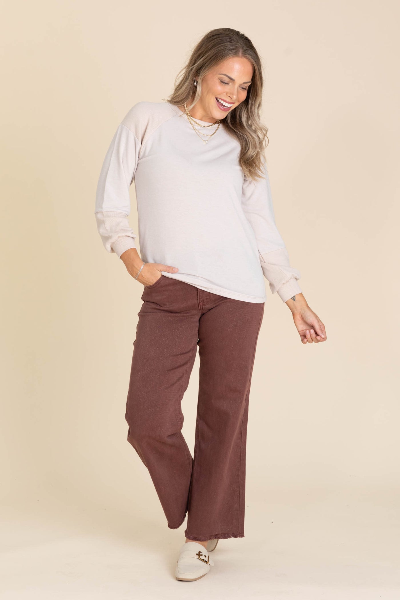 Risen Chestnut Mid Rise Ankle Wide Pants