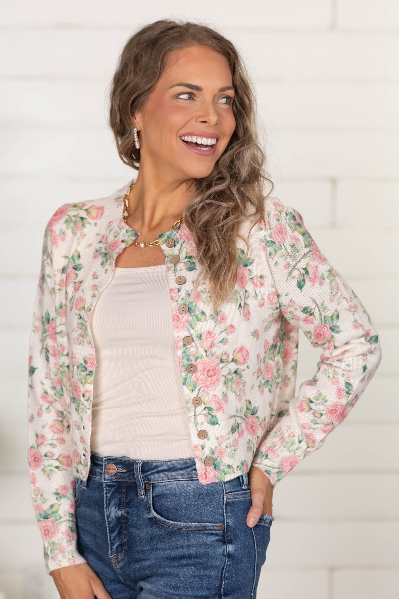 Cream And Pink Floral Sweater Cardigan