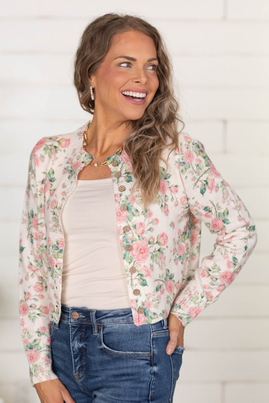 Cream And Pink Floral Sweater Cardigan