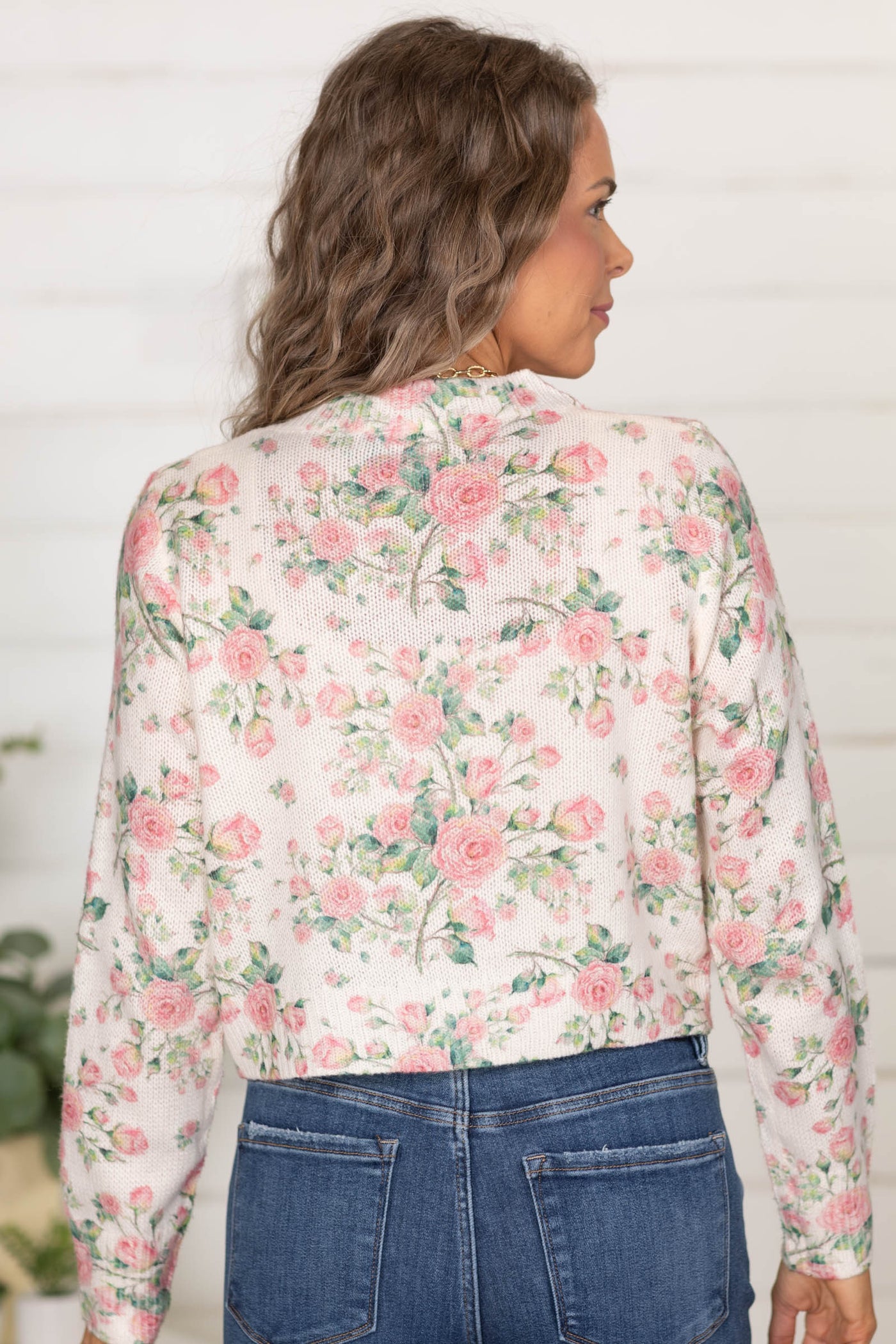 Cream And Pink Floral Sweater Cardigan