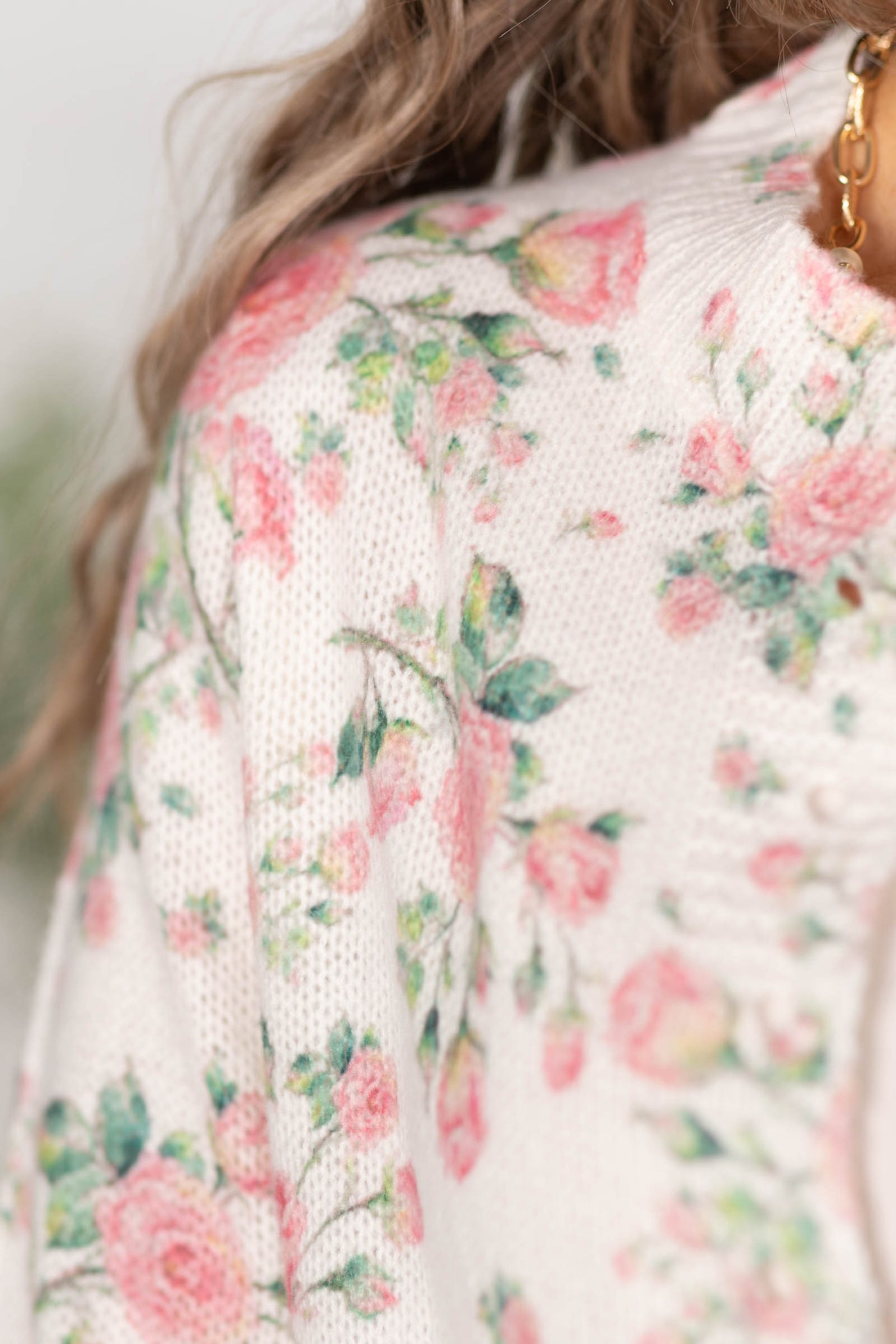 Cream And Pink Floral Sweater Cardigan