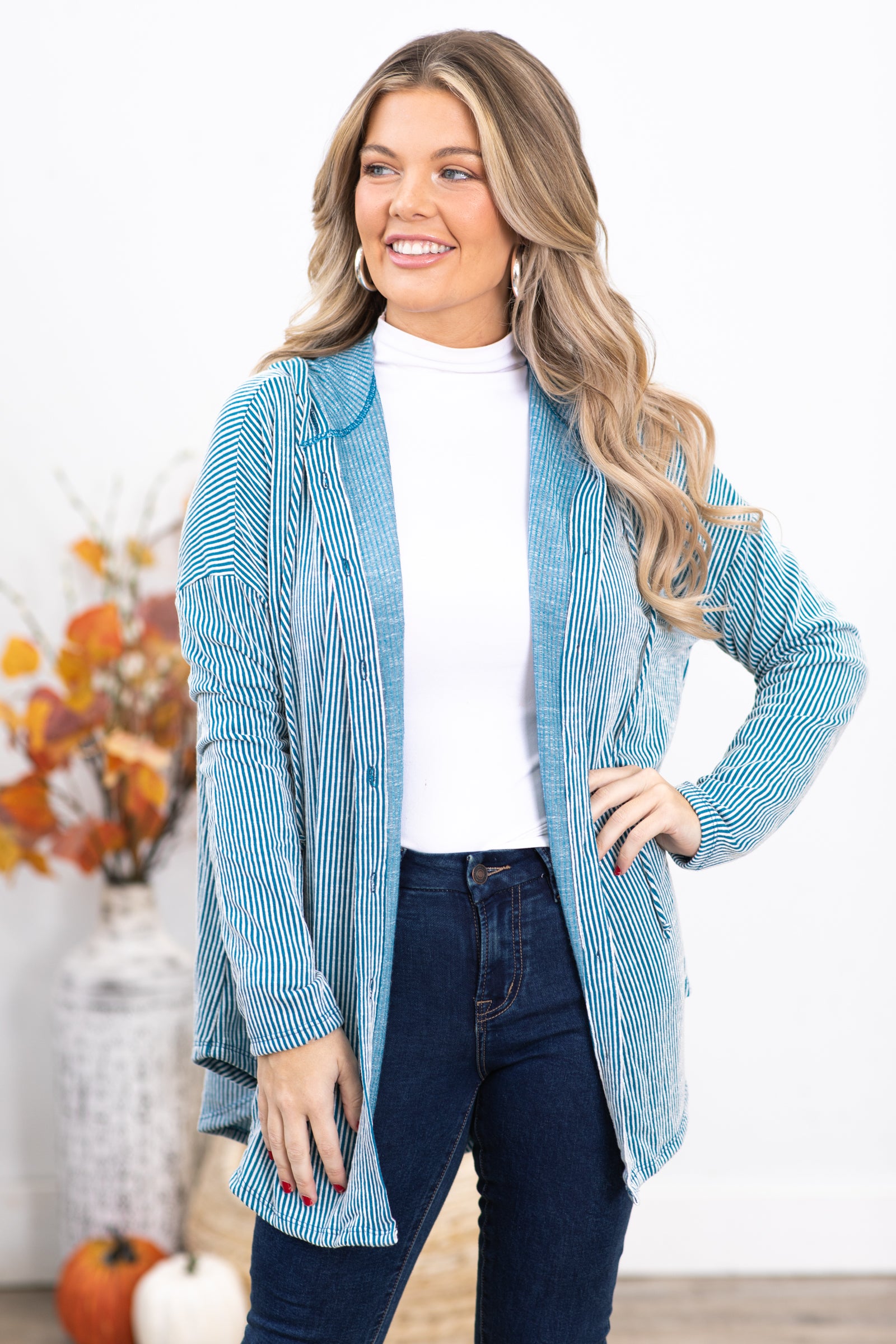 Teal Ribbed Hooded Button Up Top