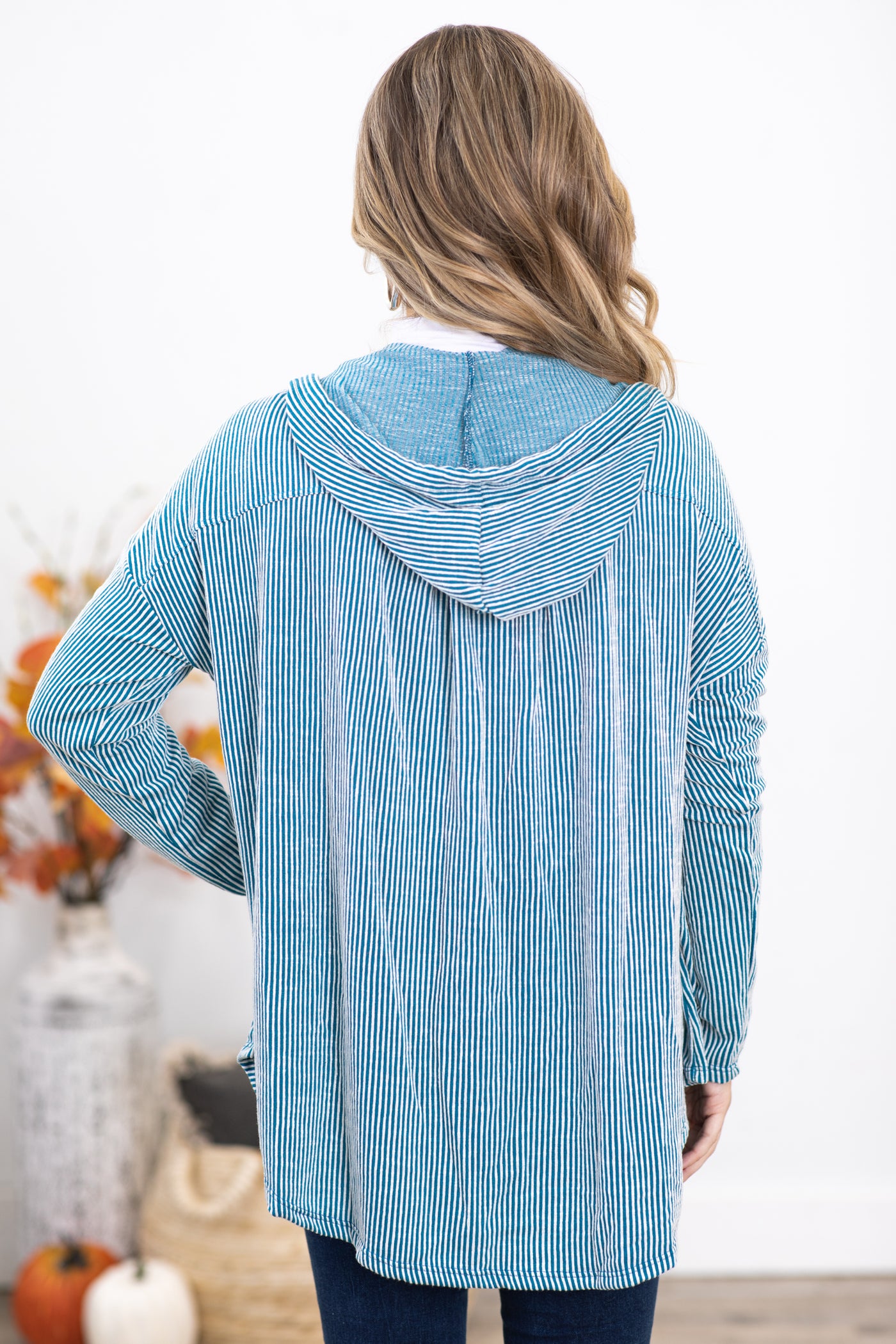 Teal Ribbed Hooded Button Up Top