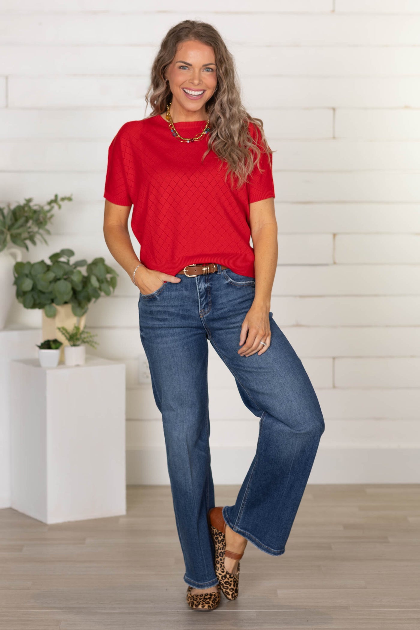 Red Short Sleeve Dolman Pointelle Knit Top