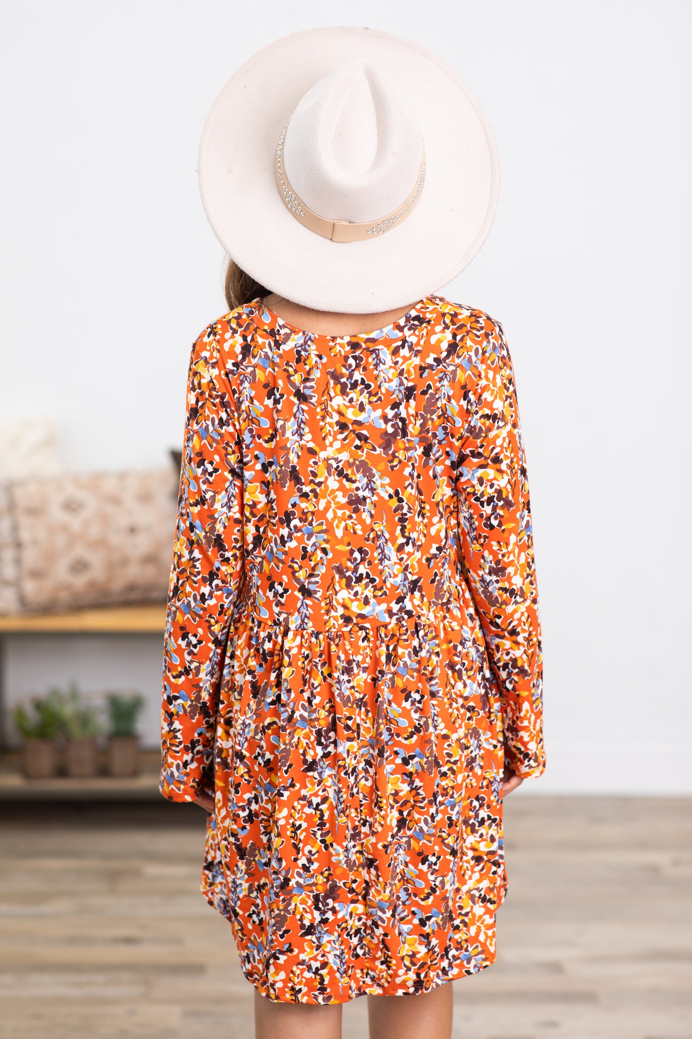 Orange and Cornflower Floral Dress With Pockets