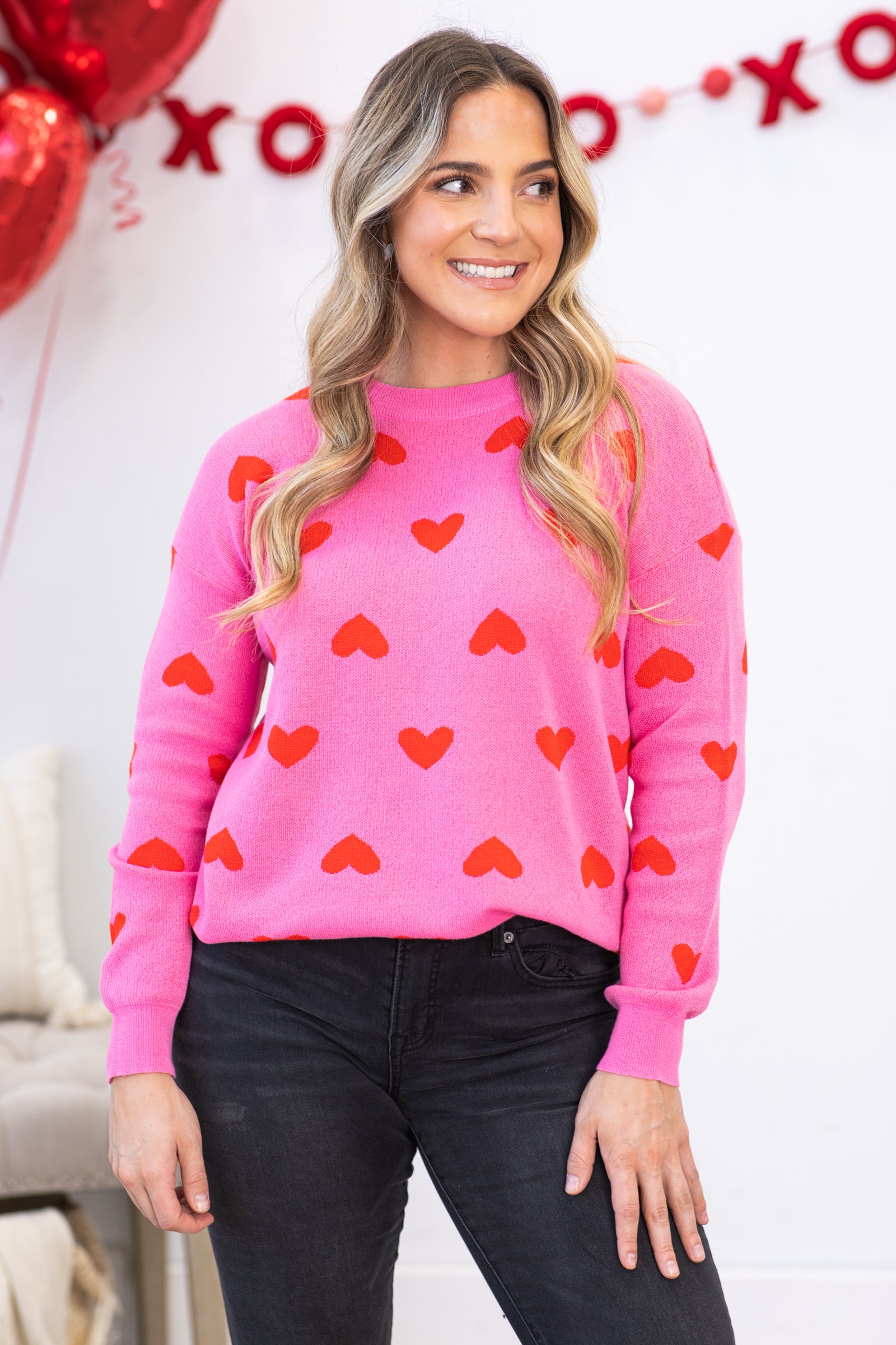 Pink and Red Heart Instarsia Sweater