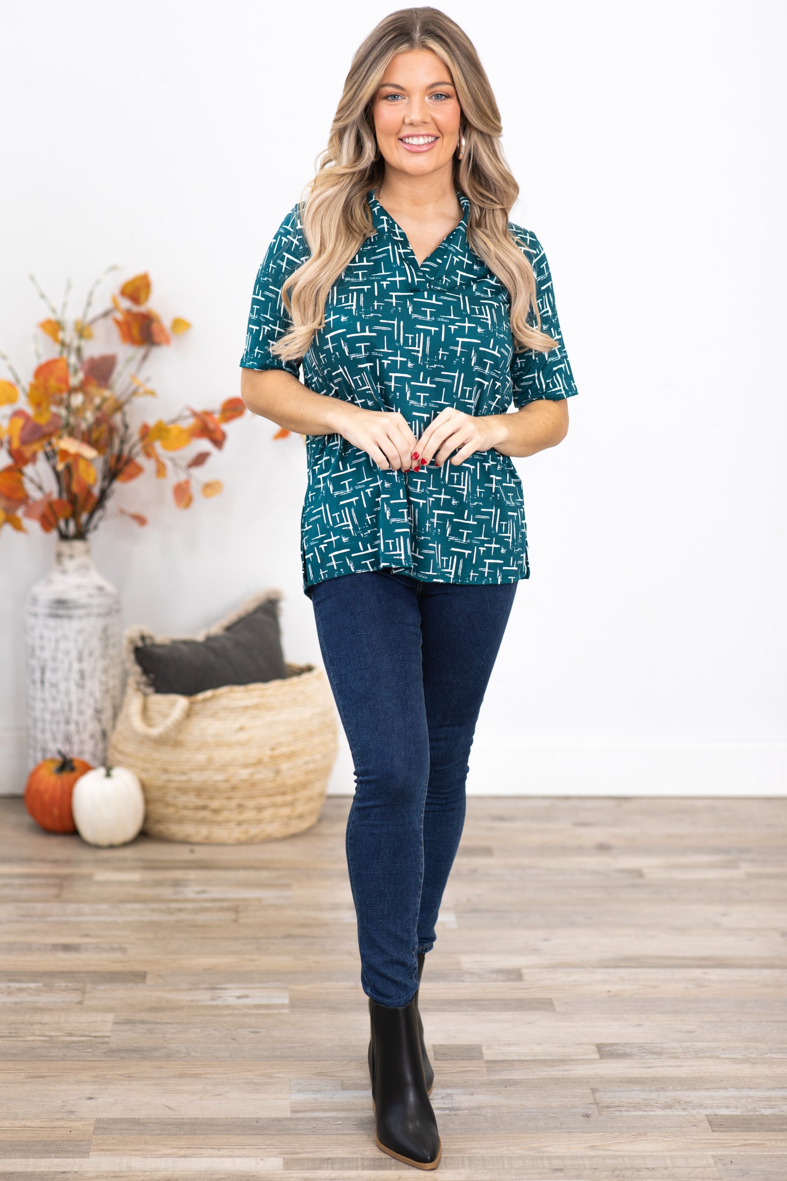 Teal and White Abstract Print Notch Neck Top
