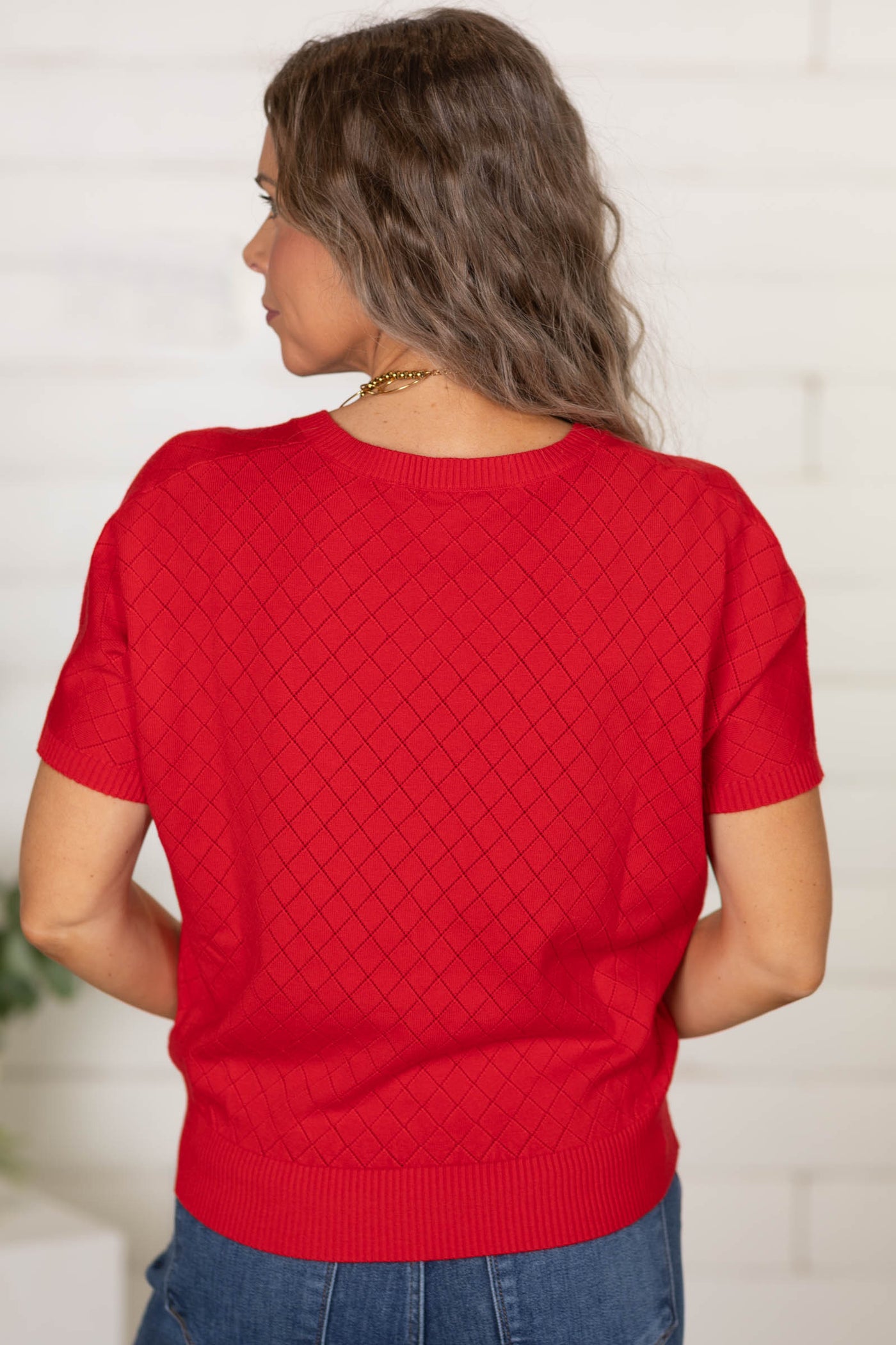 Red Short Sleeve Dolman Pointelle Knit Top