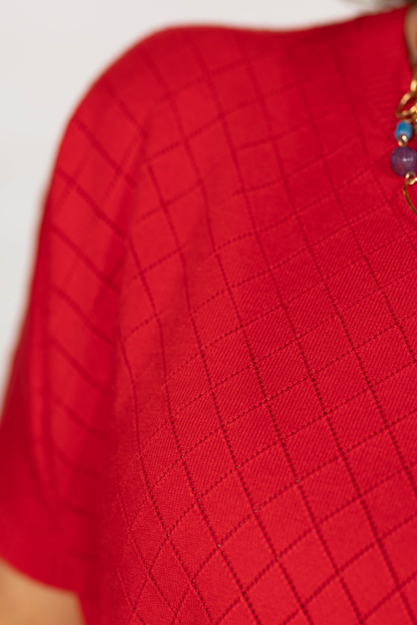 Red Short Sleeve Dolman Pointelle Knit Top