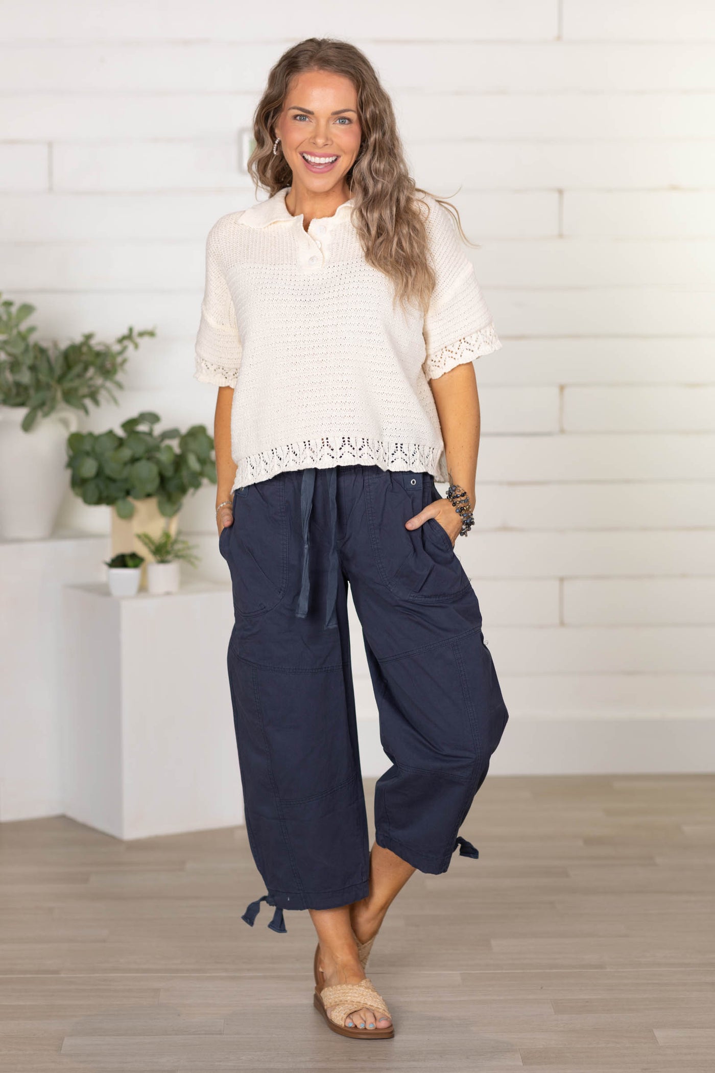 Ivory Textured Crochet Edge Knit Top