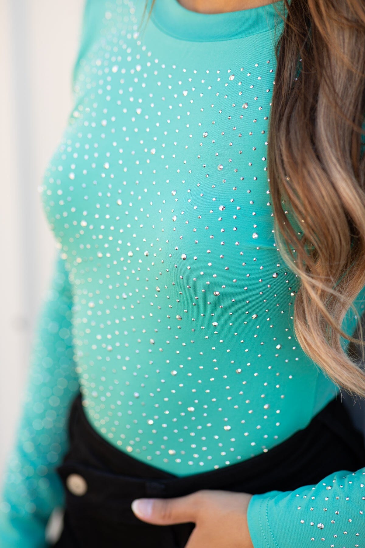 Mint Long Sleeve Bodysuit With Rhinestones - Filly Flair