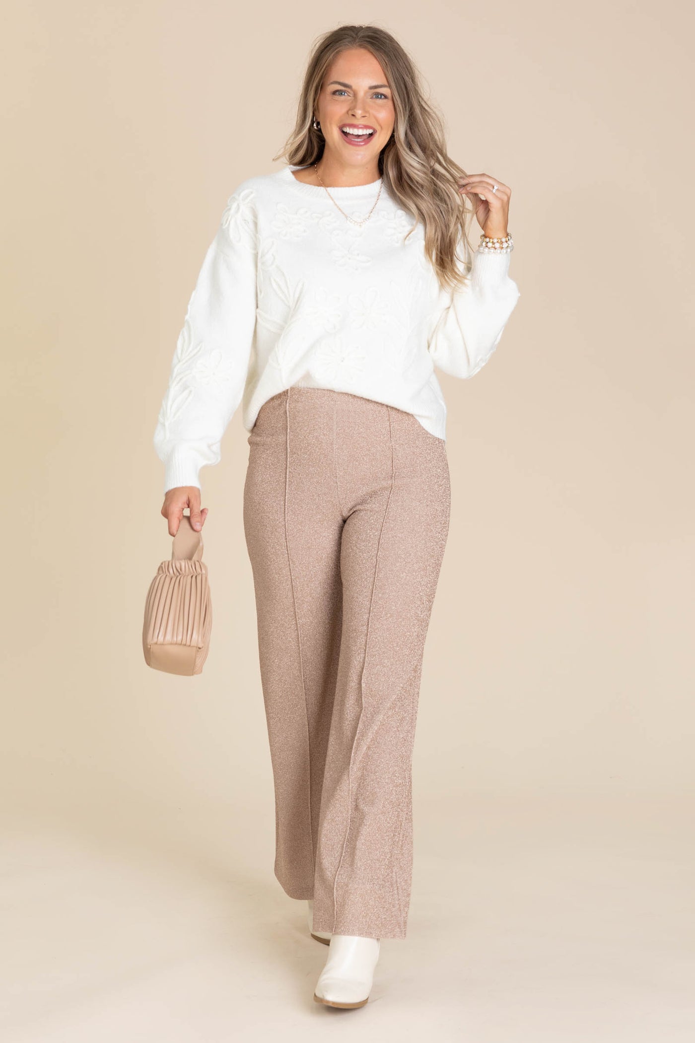 Rose Gold Lurex Knit Front Seam Wide Leg Pant