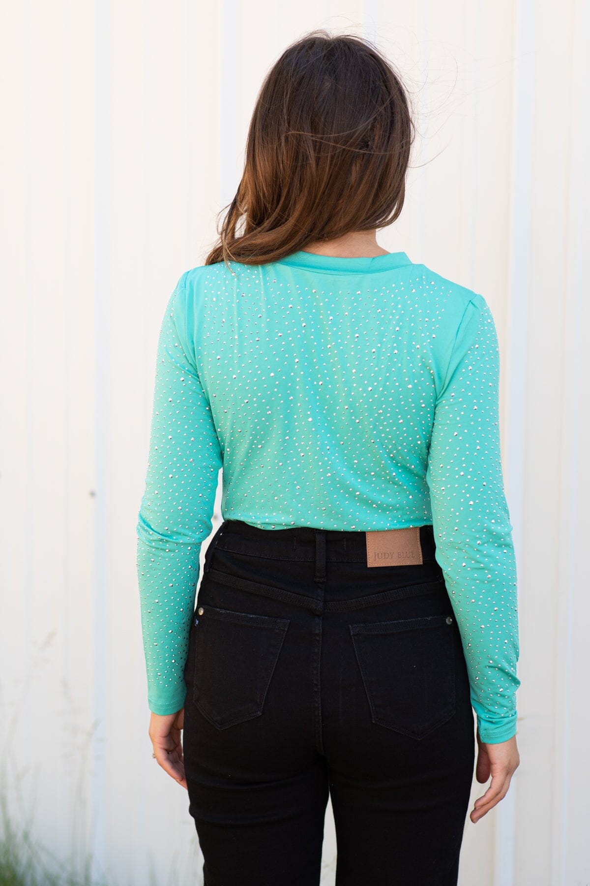 Mint Long Sleeve Bodysuit With Rhinestones - Filly Flair