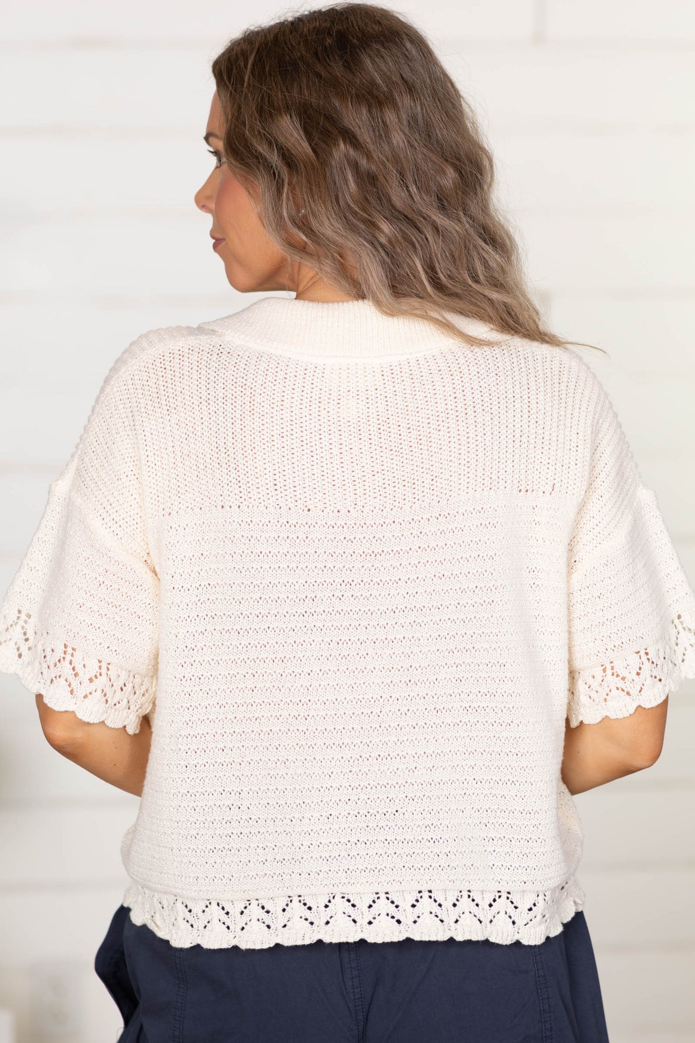 Ivory Textured Crochet Edge Knit Top