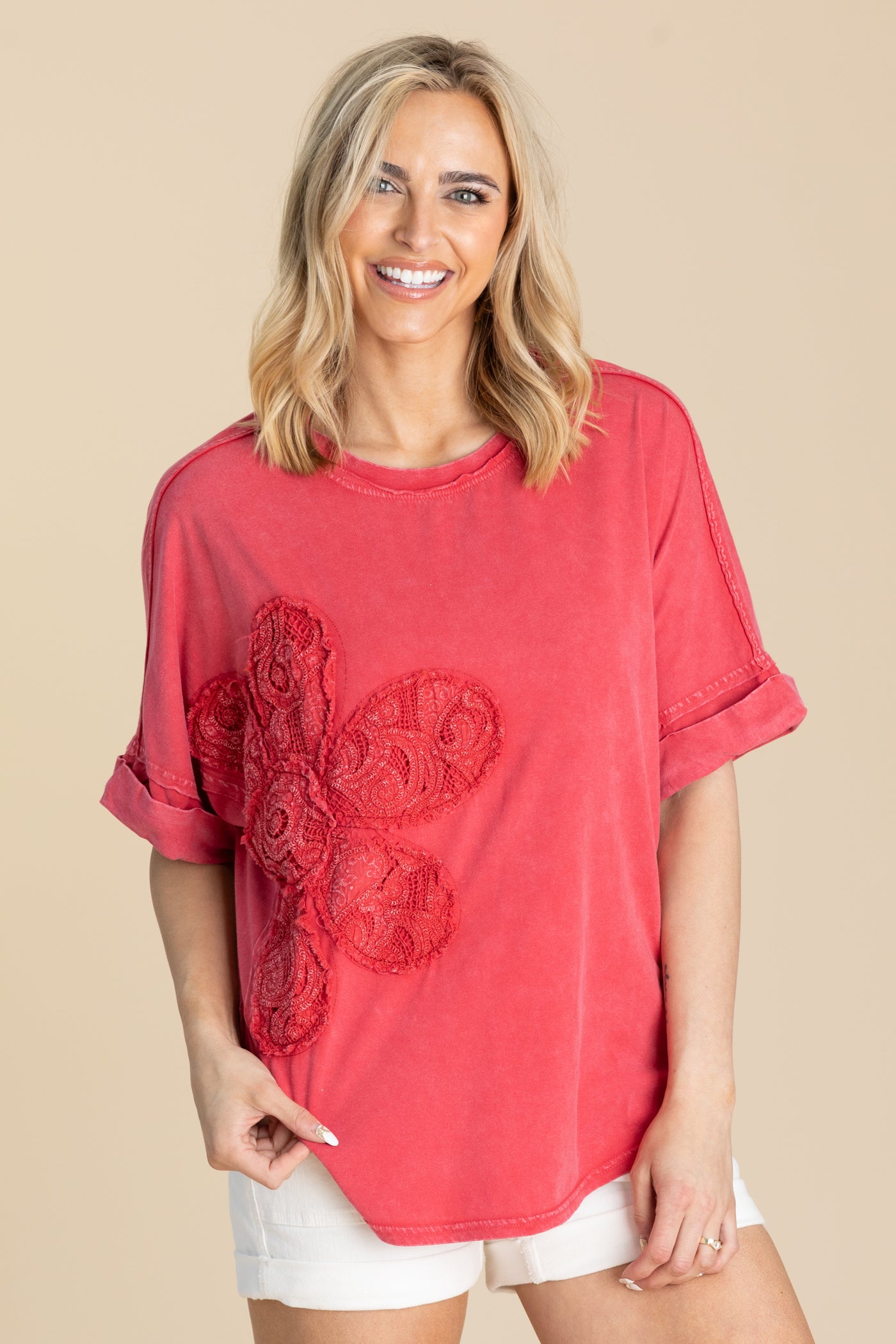 Boho Red Lace Flower Mineral Washed Knit Top
