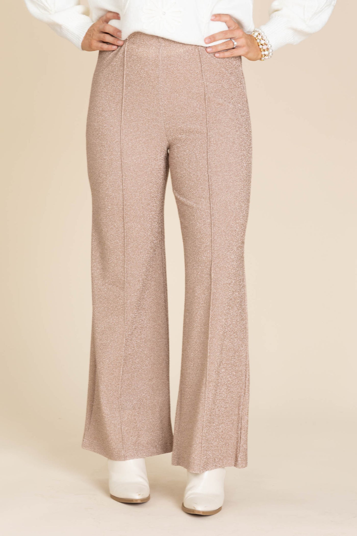 Rose Gold Lurex Knit Front Seam Wide Leg Pant