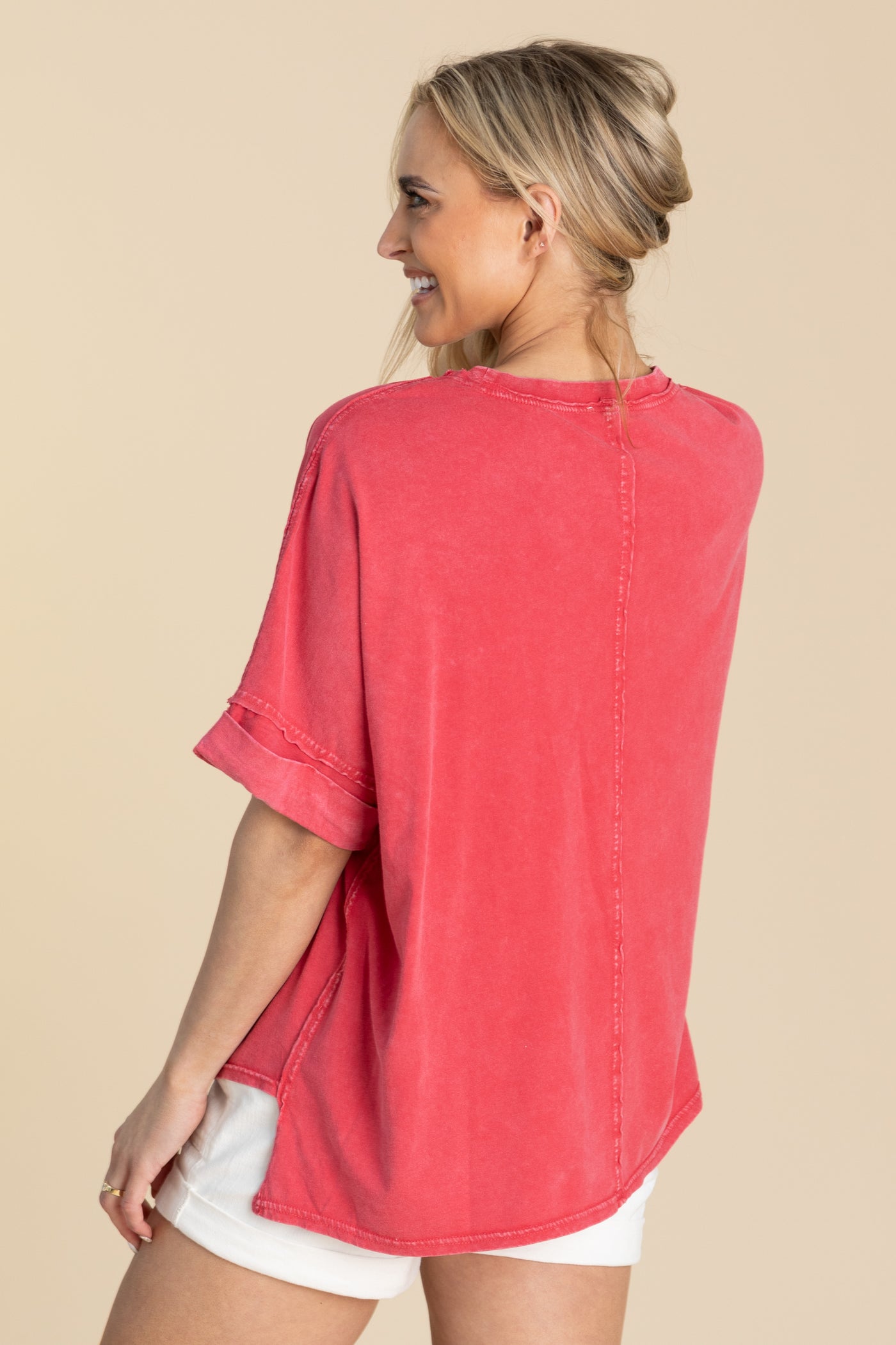 Boho Red Lace Flower Mineral Washed Knit Top