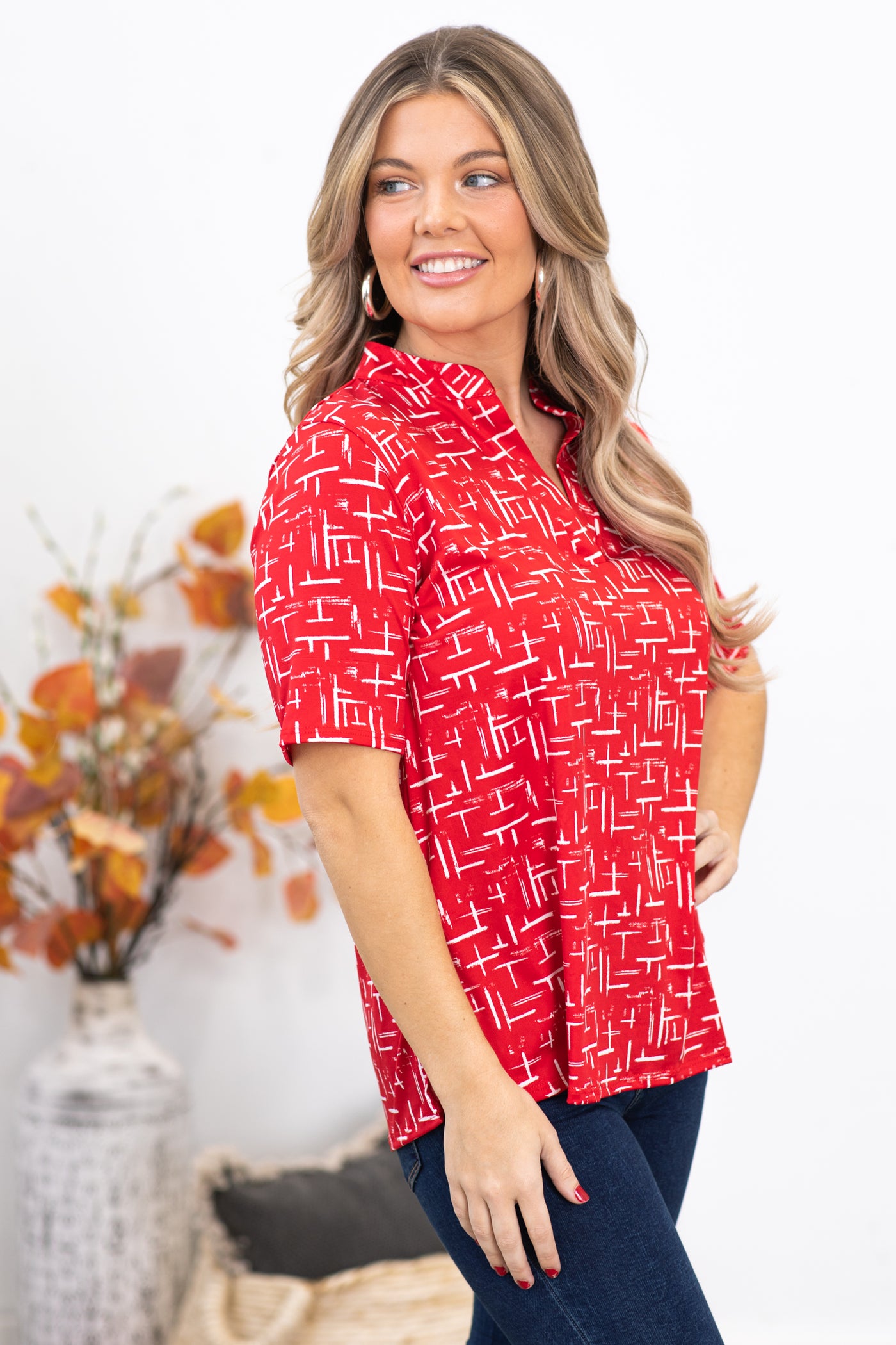 Red and White Abstract Print Notch Neck Top