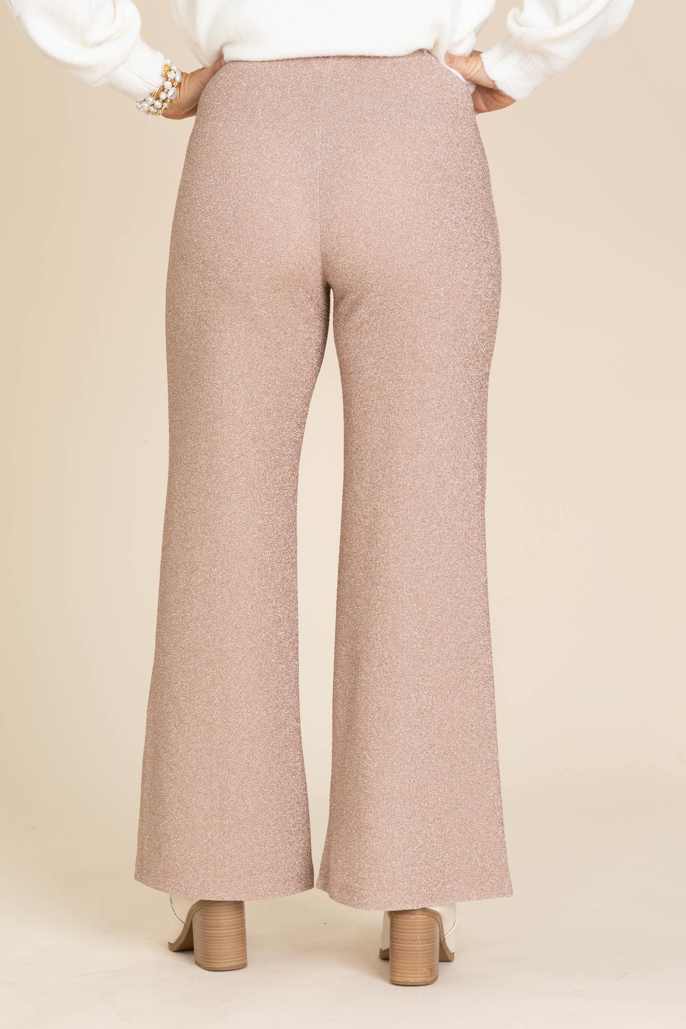 Rose Gold Lurex Knit Front Seam Wide Leg Pant