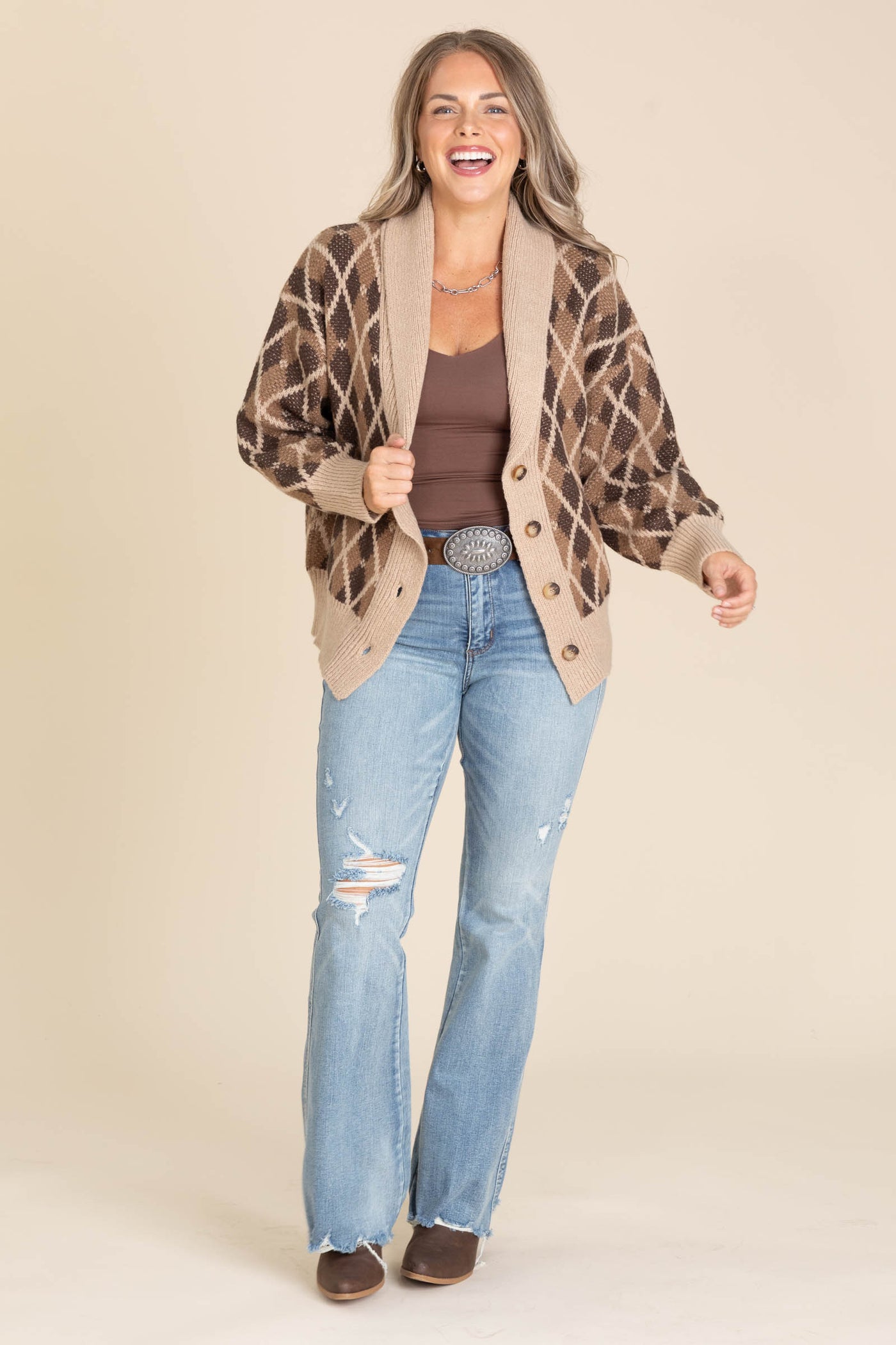 Brown Multicolor Shawl Collar Button Cardigan