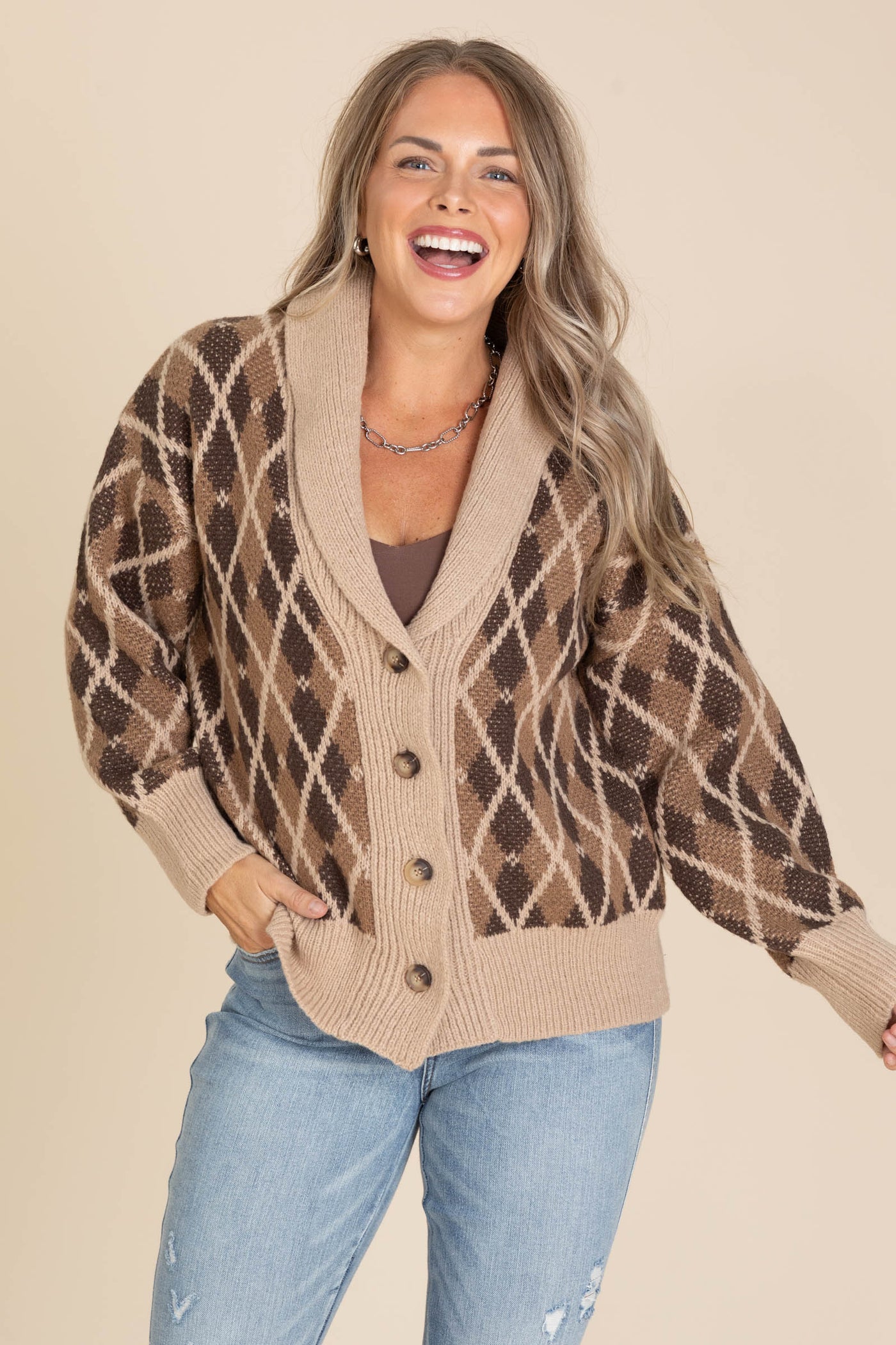 Brown Multicolor Shawl Collar Button Cardigan