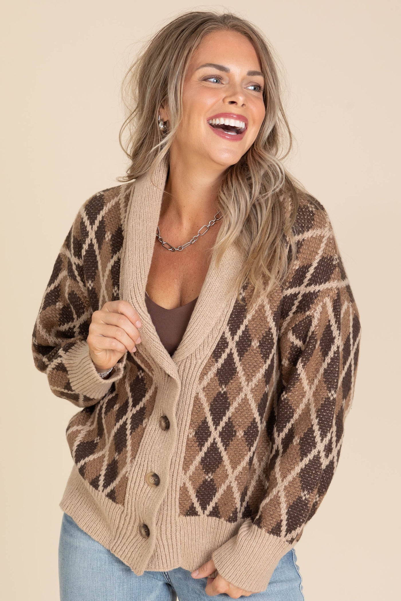 Brown Multicolor Shawl Collar Button Cardigan