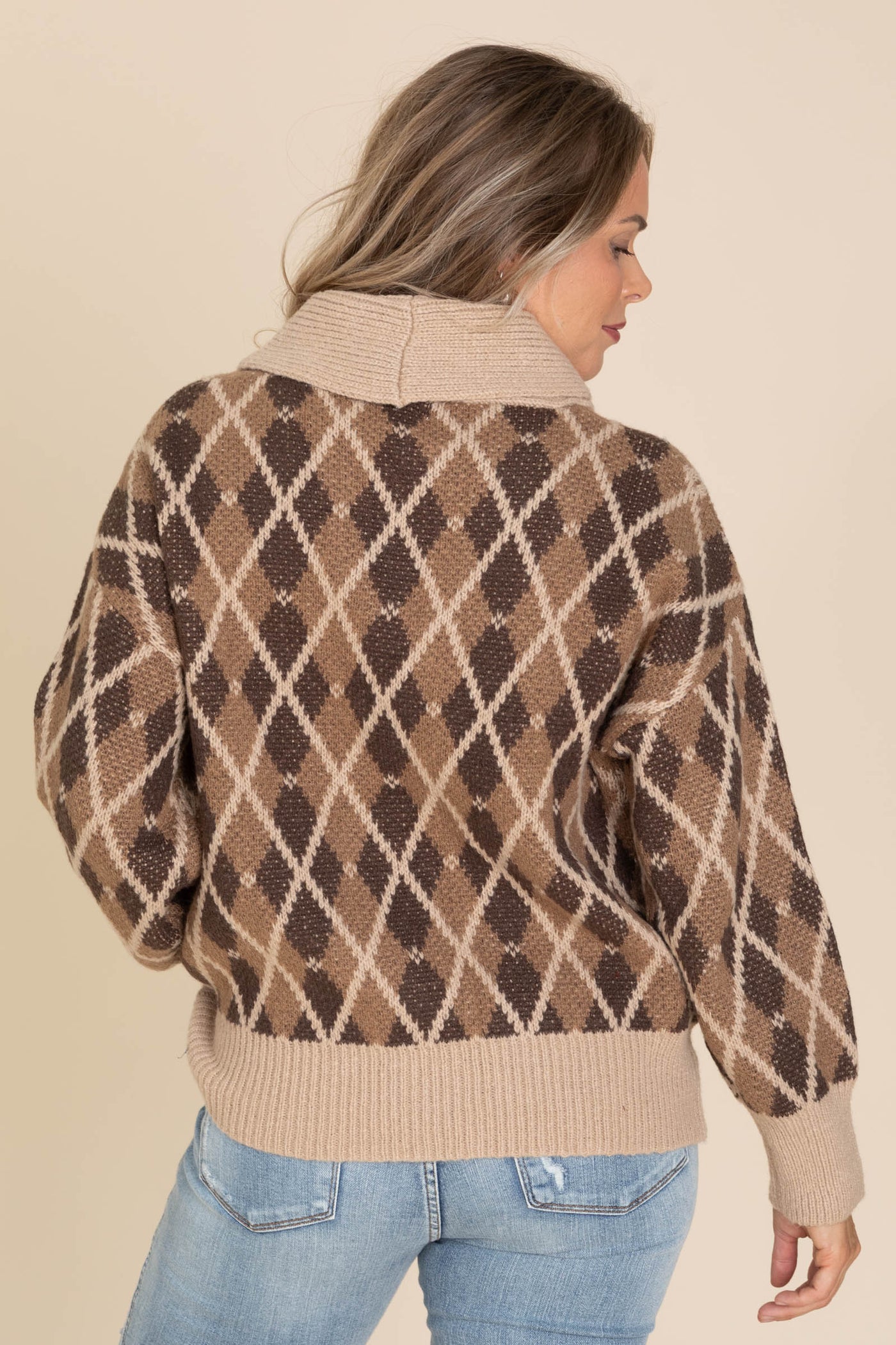 Brown Multicolor Shawl Collar Button Cardigan