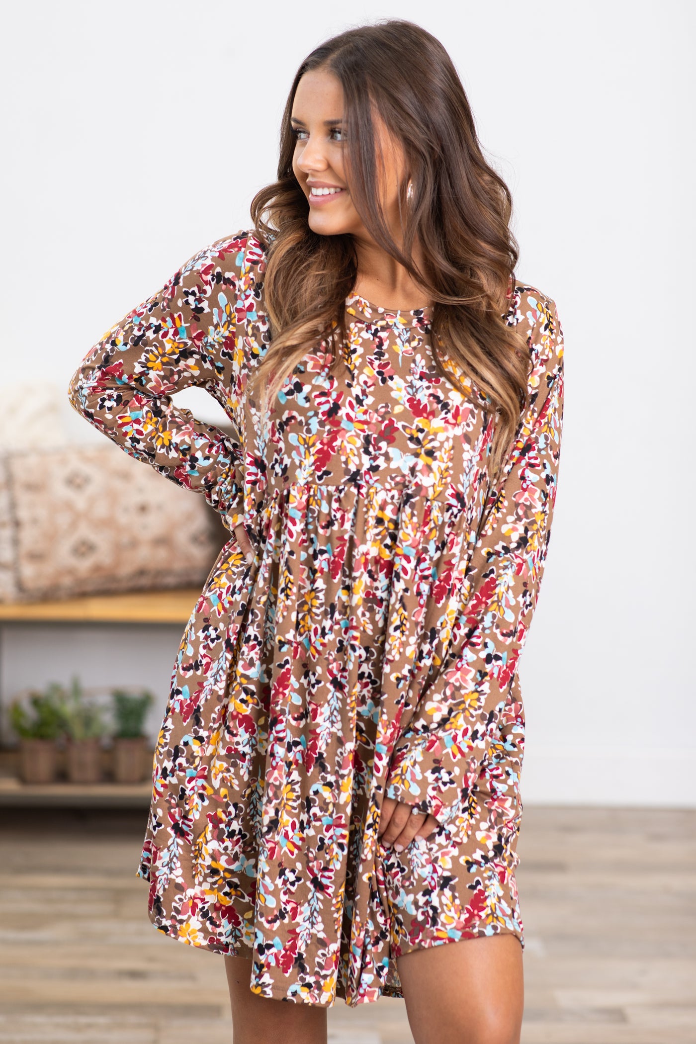 Mocha and Wine Floral Dress With Pockets