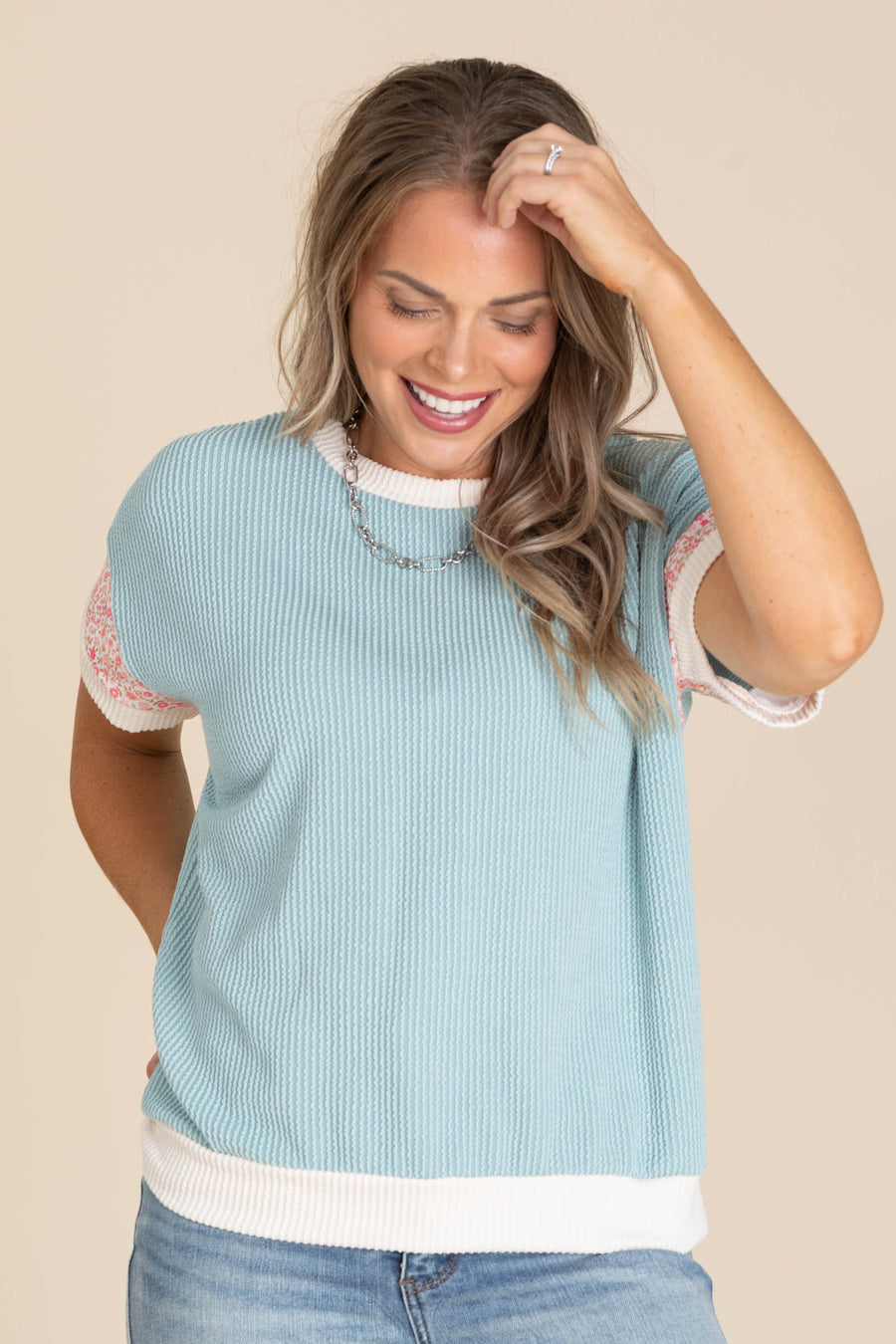 Blue Ribbed Knit Top With Floral Sleeve Detail